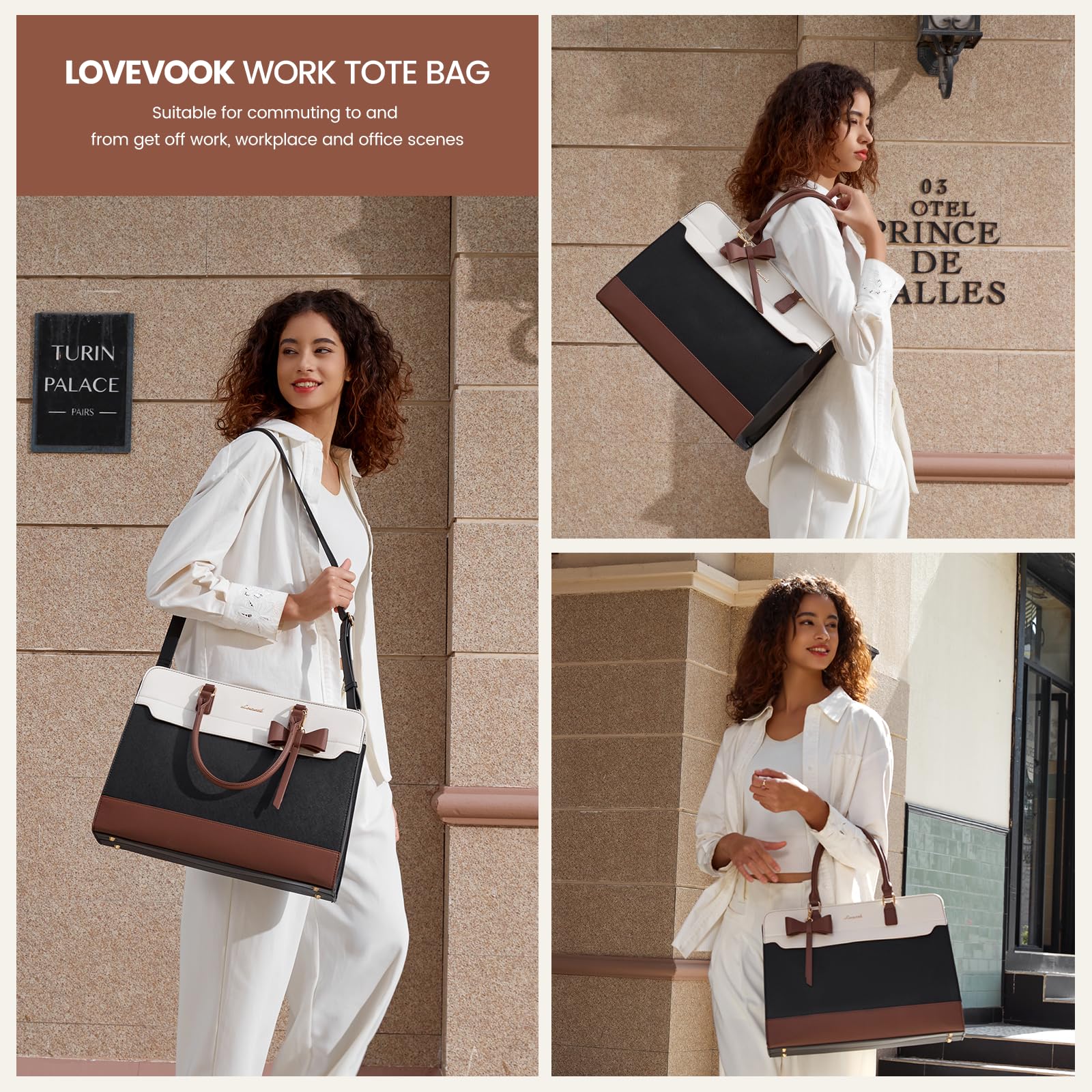 LOVEVOOK Laptop Tote Bag for Women – Waterproof Leather Work Bag with Stanley Cup Holder, 15.6” Laptop Compartment & Shoulder Strap (Black/White/Brown)