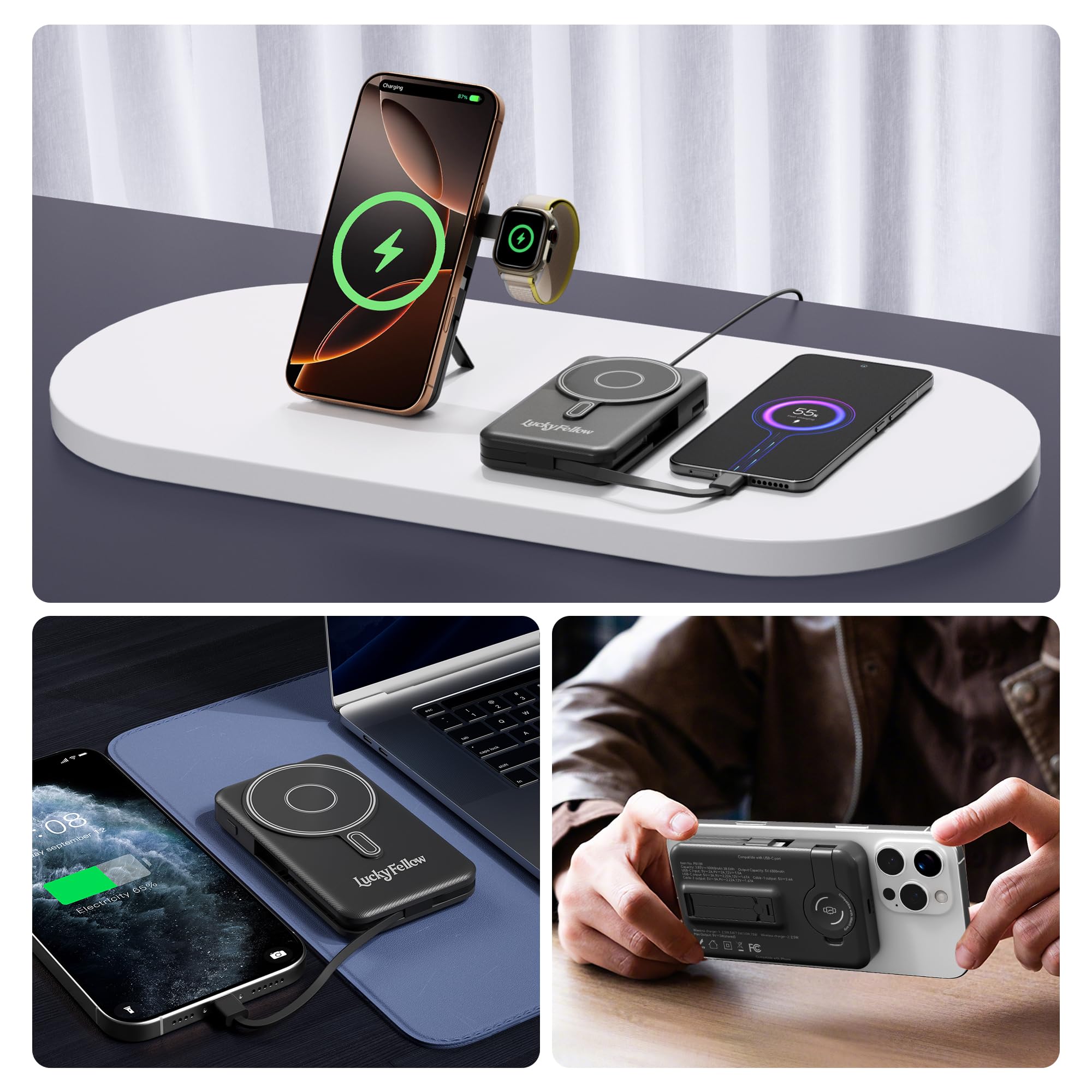 Magnetic Portable Power Bank 10,000mAh – Wireless Fast Charger with Built-In Cables & Kickstand (Black)