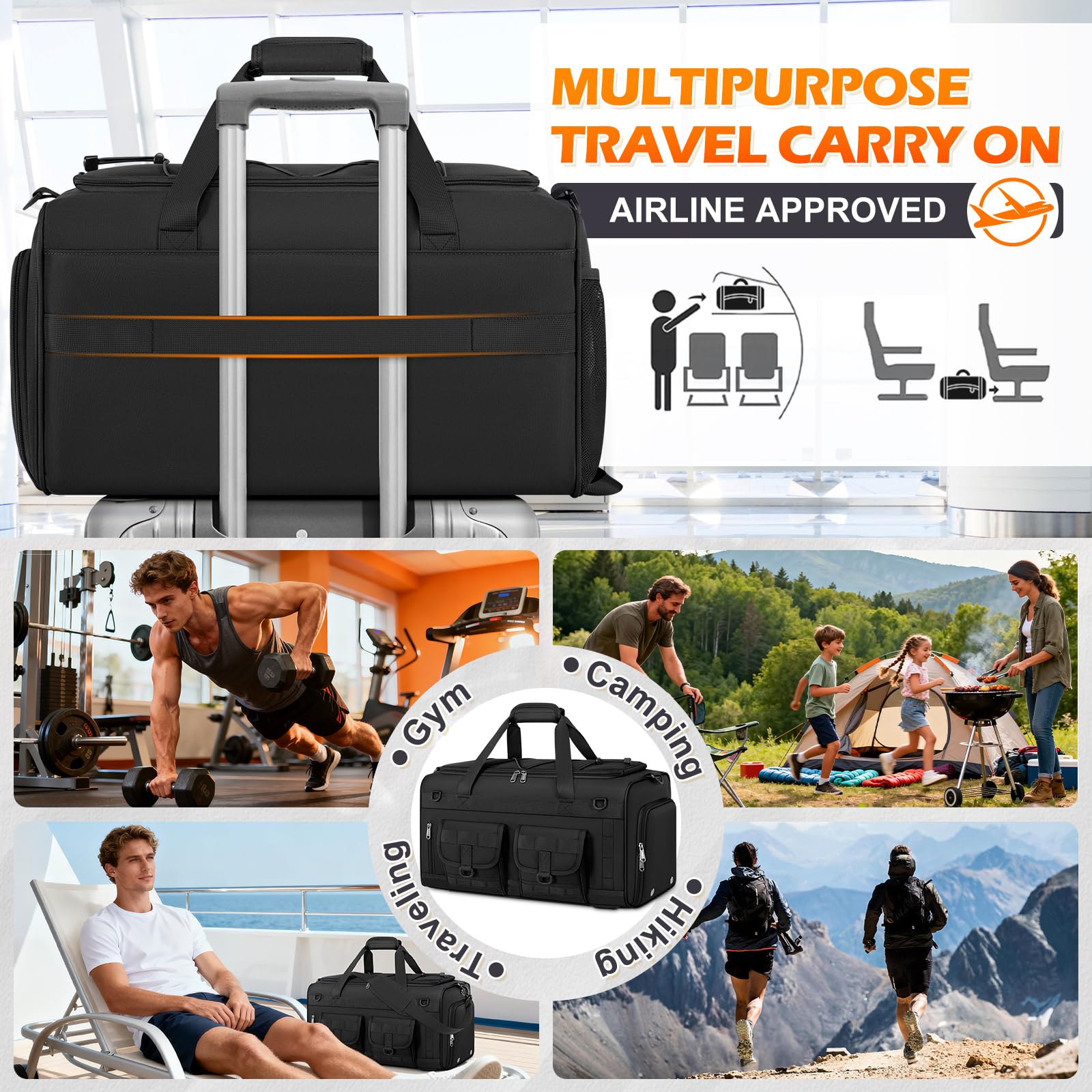 RAINSMORE 45L 3-in-1 Gym Backpack & Duffle Bag – Waterproof Carry-On Weekender with Shoe Compartment (Black)