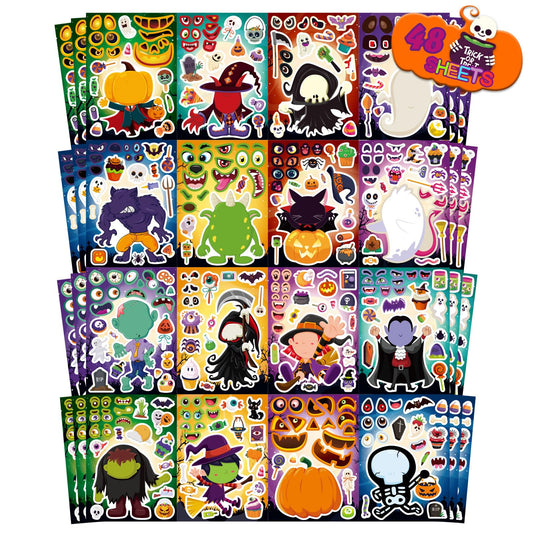 Halloween Make-A-Face Sticker Set for Kids – 32 Sheets, 16 Spooky Styles (Halloween 16 Style)