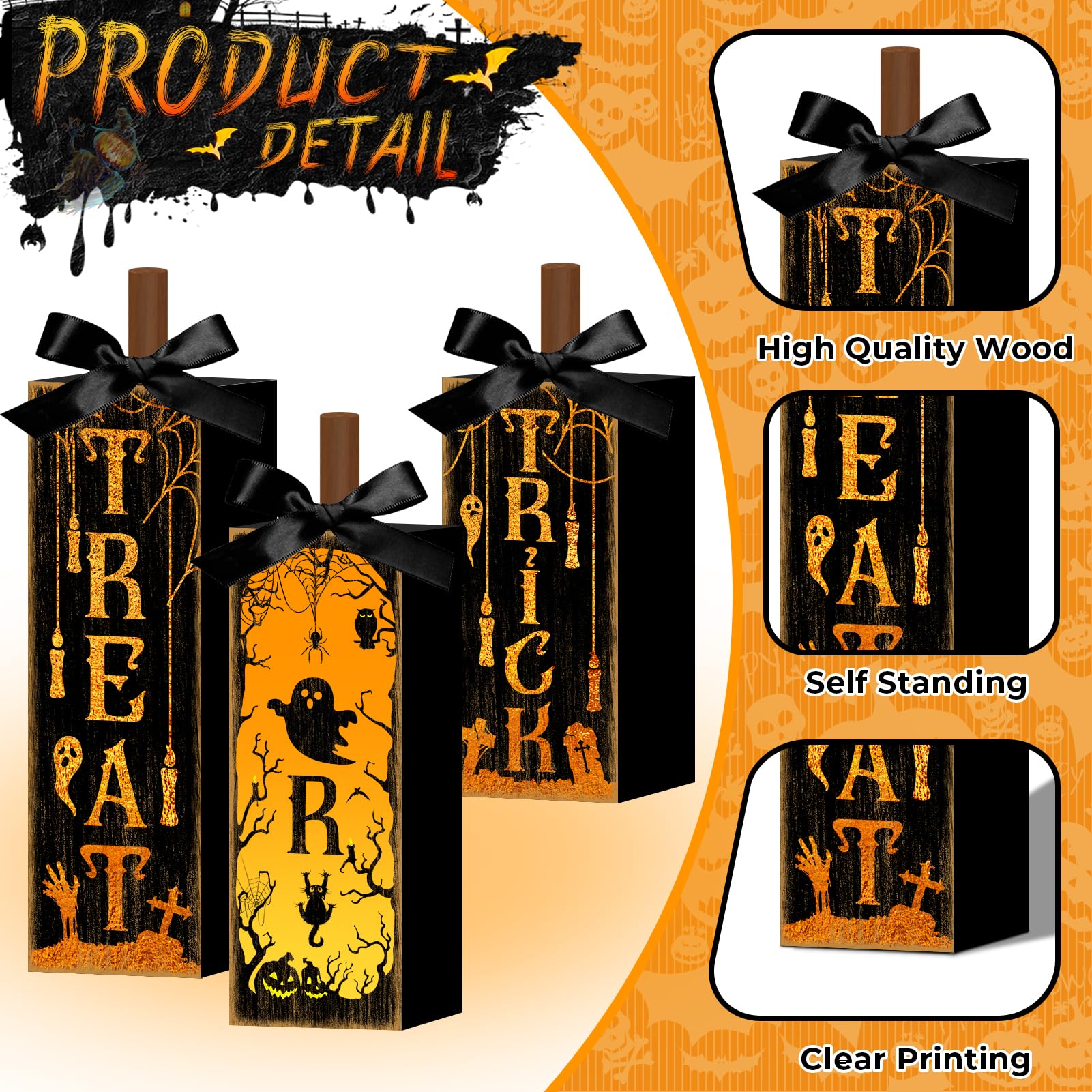 Trick or Treat Wooden Block Set – Halloween Table & Mantel Decor with Pumpkins, Ghosts & Bats