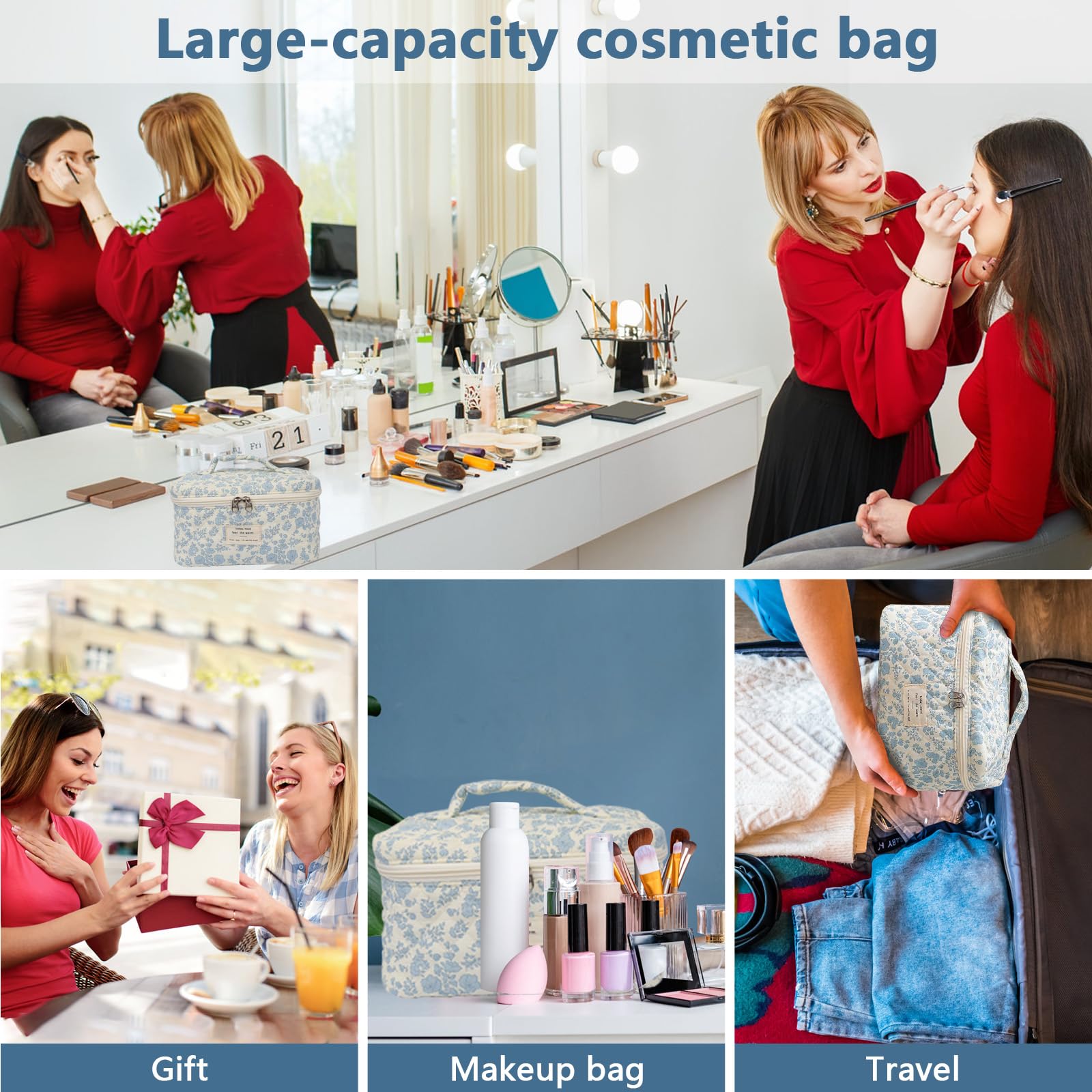 GOSECT Large Floral Makeup Bag for Women – Cotton Travel Cosmetic & Toiletry Organizer (Baidilanhua)