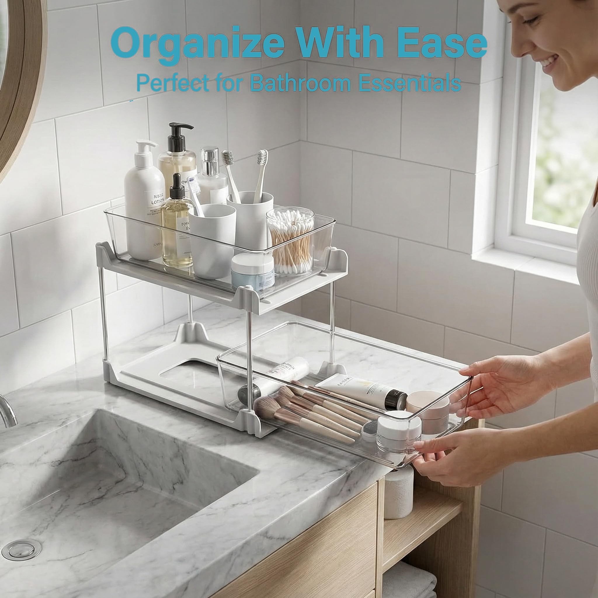 AIYULONG White 2-Tier Pull-Out Bathroom Organizer Set – Slide-Out Drawers with Anti-Sway Tracks for Under Sink & Countertop (2 Pack)