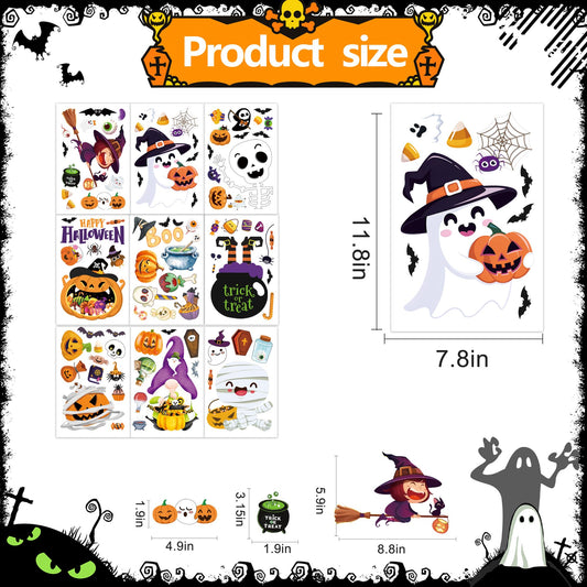 9 Sheets Halloween Window Stickers – Cute Pumpkin, Witch, Vampire & Skeleton Electrostatic Clings (Reusable PVC)