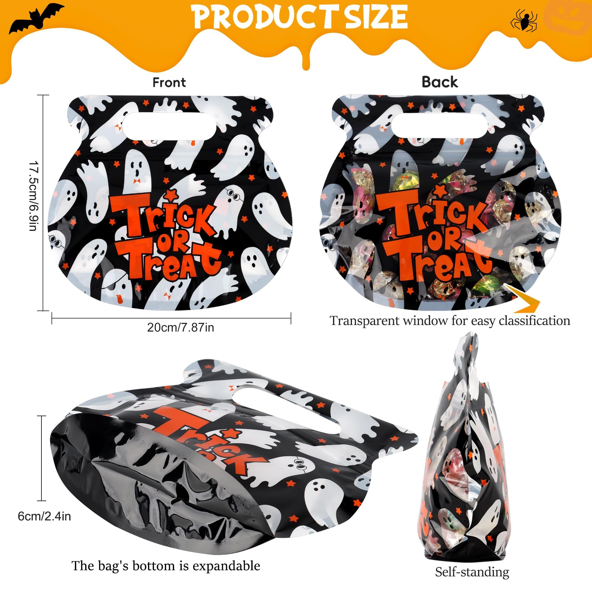 56 PCS Halloween Goodie Bags – Reusable Zip Treat Bags with Handles, 8 Cute Designs for Candy, Snacks & Party Favors