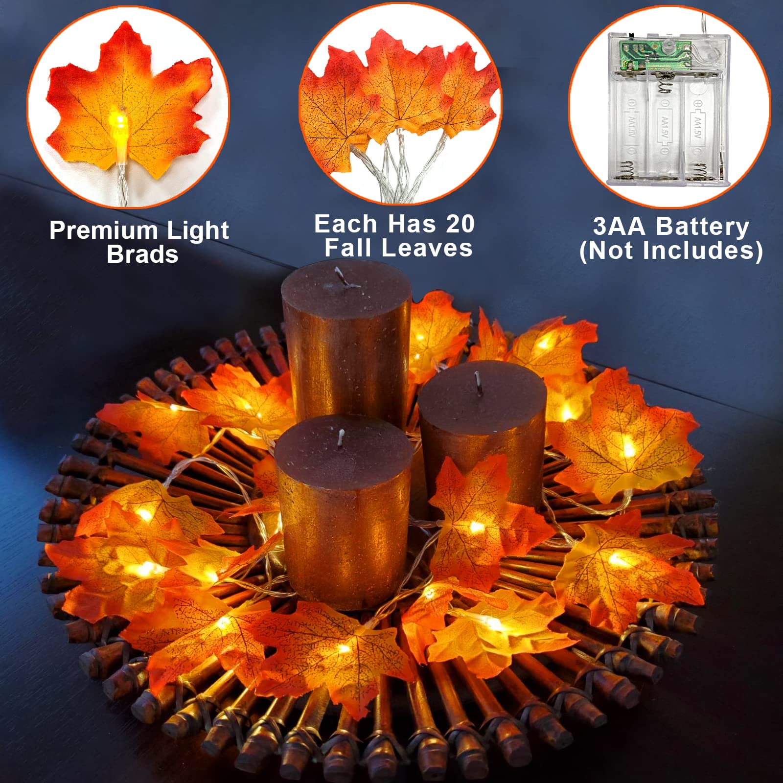 Fall Maple Leaf String Lights – 2 Pack 20FT (40 LED) Battery Operated Garland for Halloween & Thanksgiving Decor (Orange/Yellow, Waterproof)