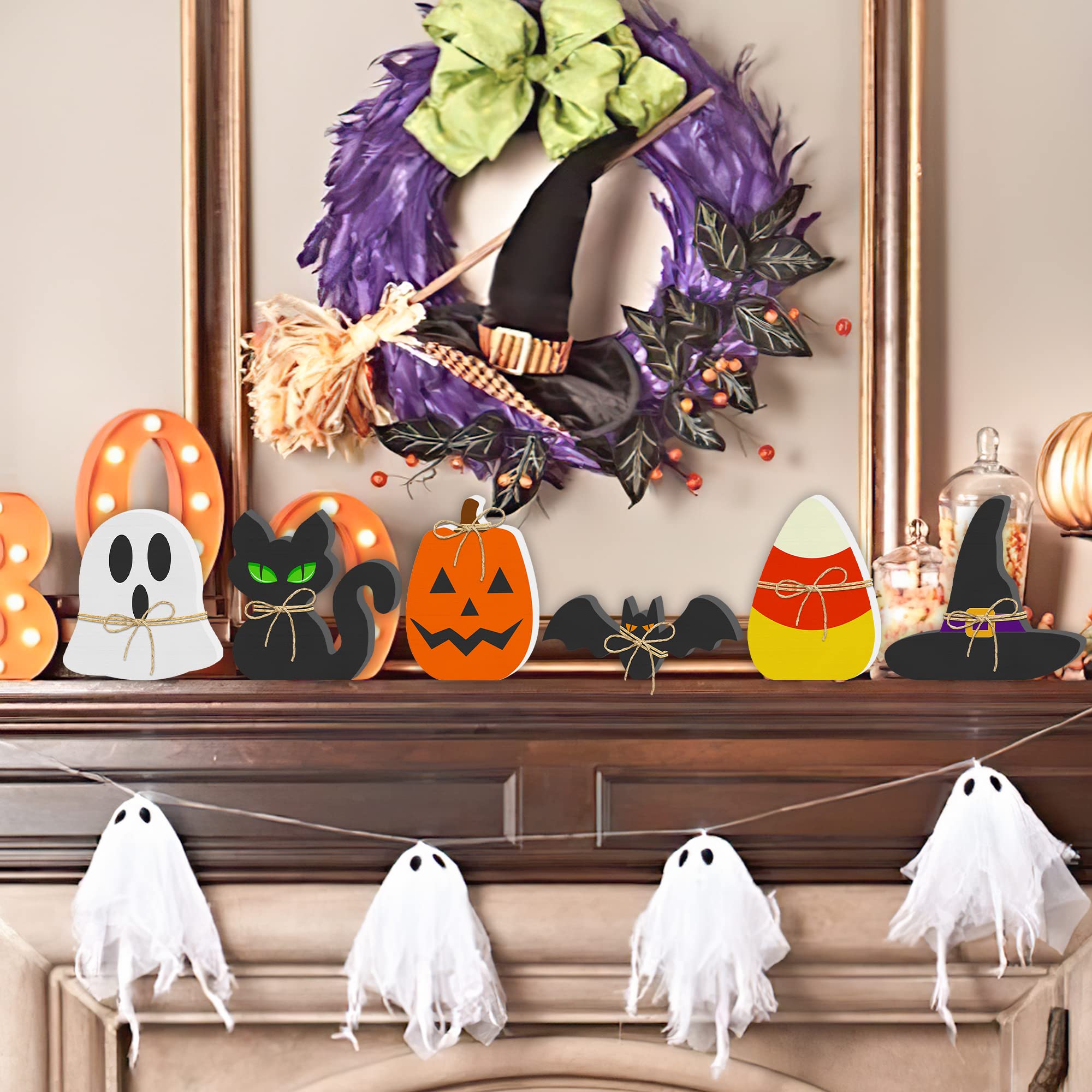 Halloween Wooden Tiered Tray Decor Set – 6PCS Rustic Signs (Pumpkin, Ghost, Cat, Bat, Witch Hat & Candy Corn)