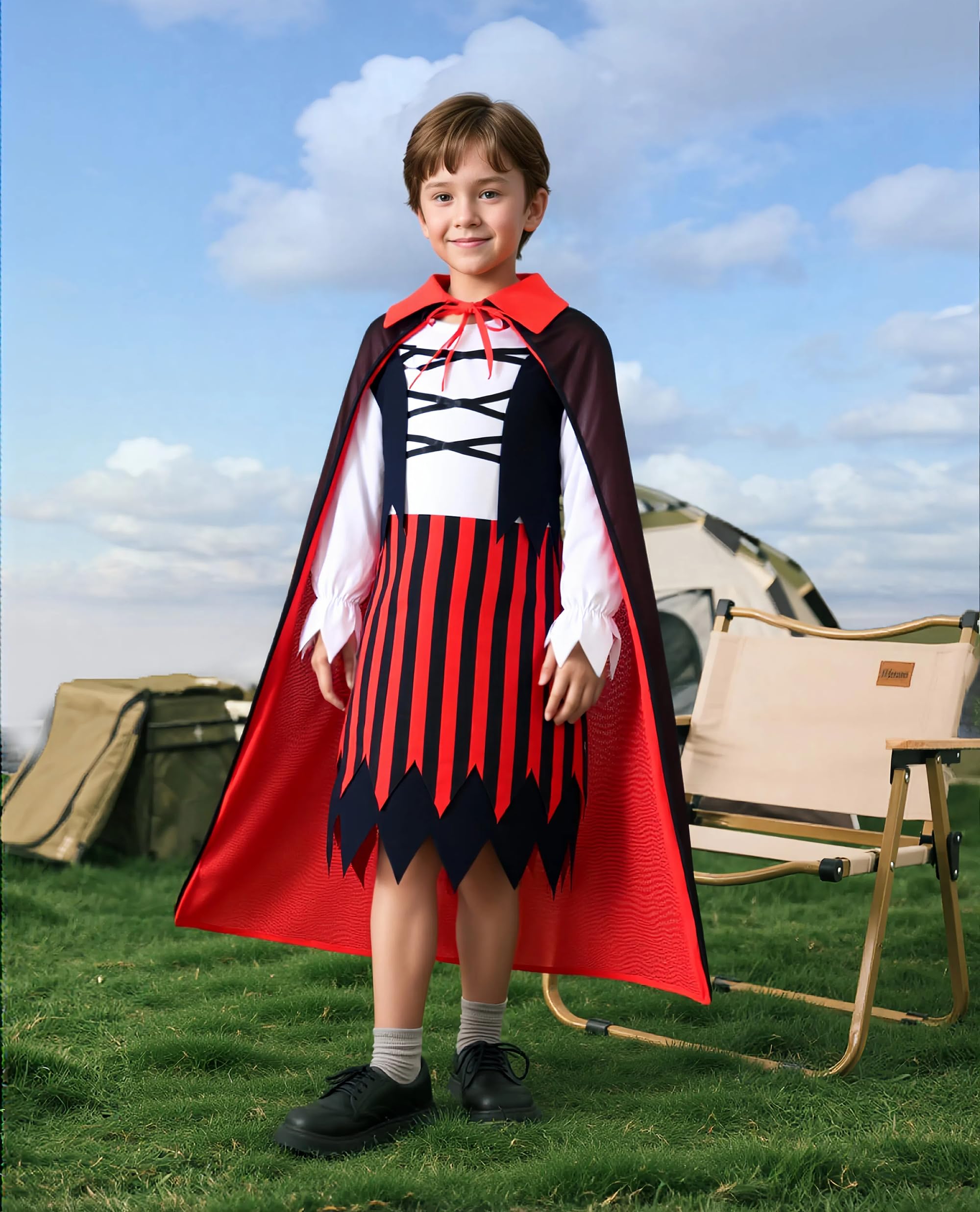 Kids Deluxe Pirate Costume Set – 10 Piece Black Outfit with Cloak, Hat, Sword, Map & Accessories for Halloween and Cosplay