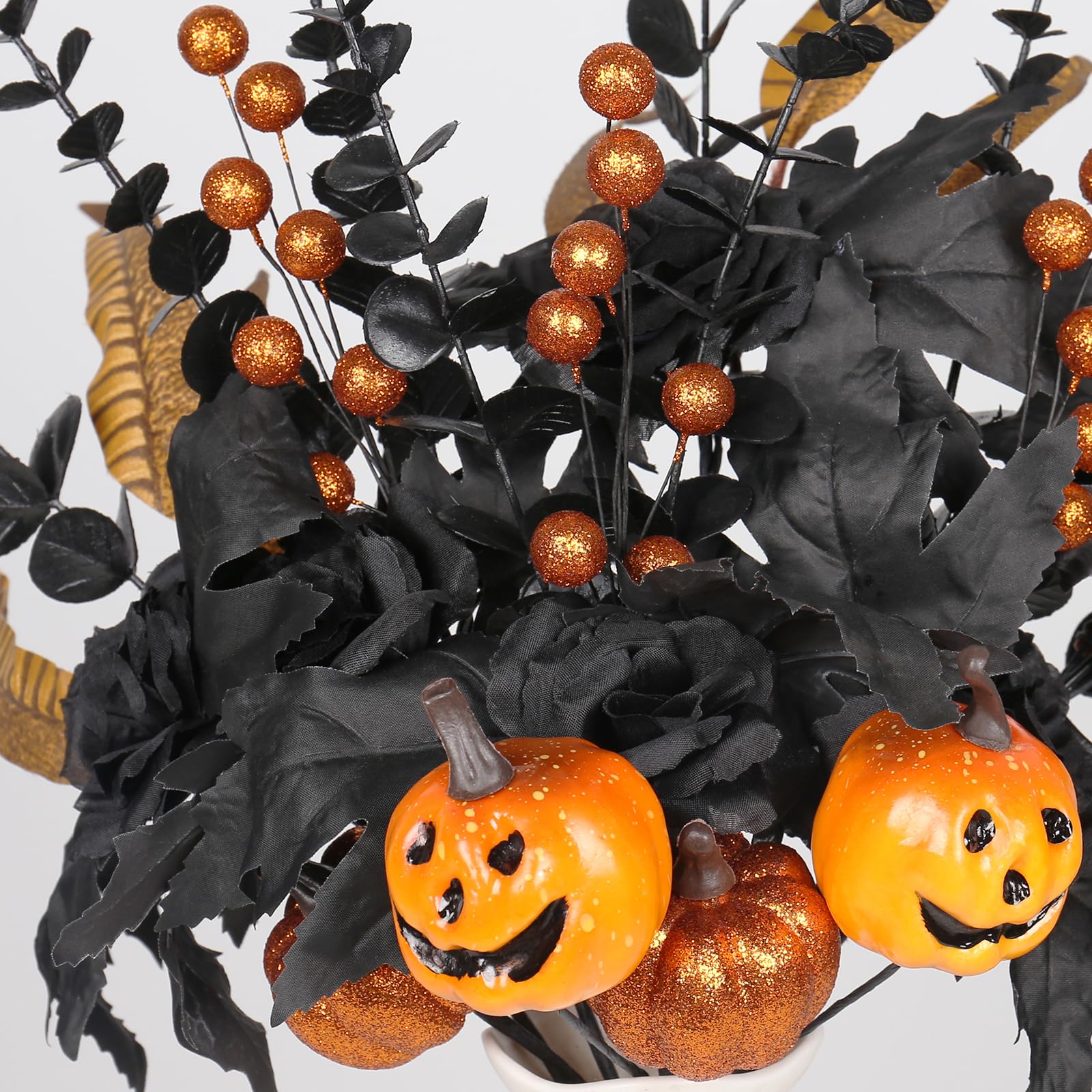 Halloween Artificial Maple Leaf & Pumpkin Floral Stems – 10Pcs Black & Orange Table Vase Decorations (19.5”)