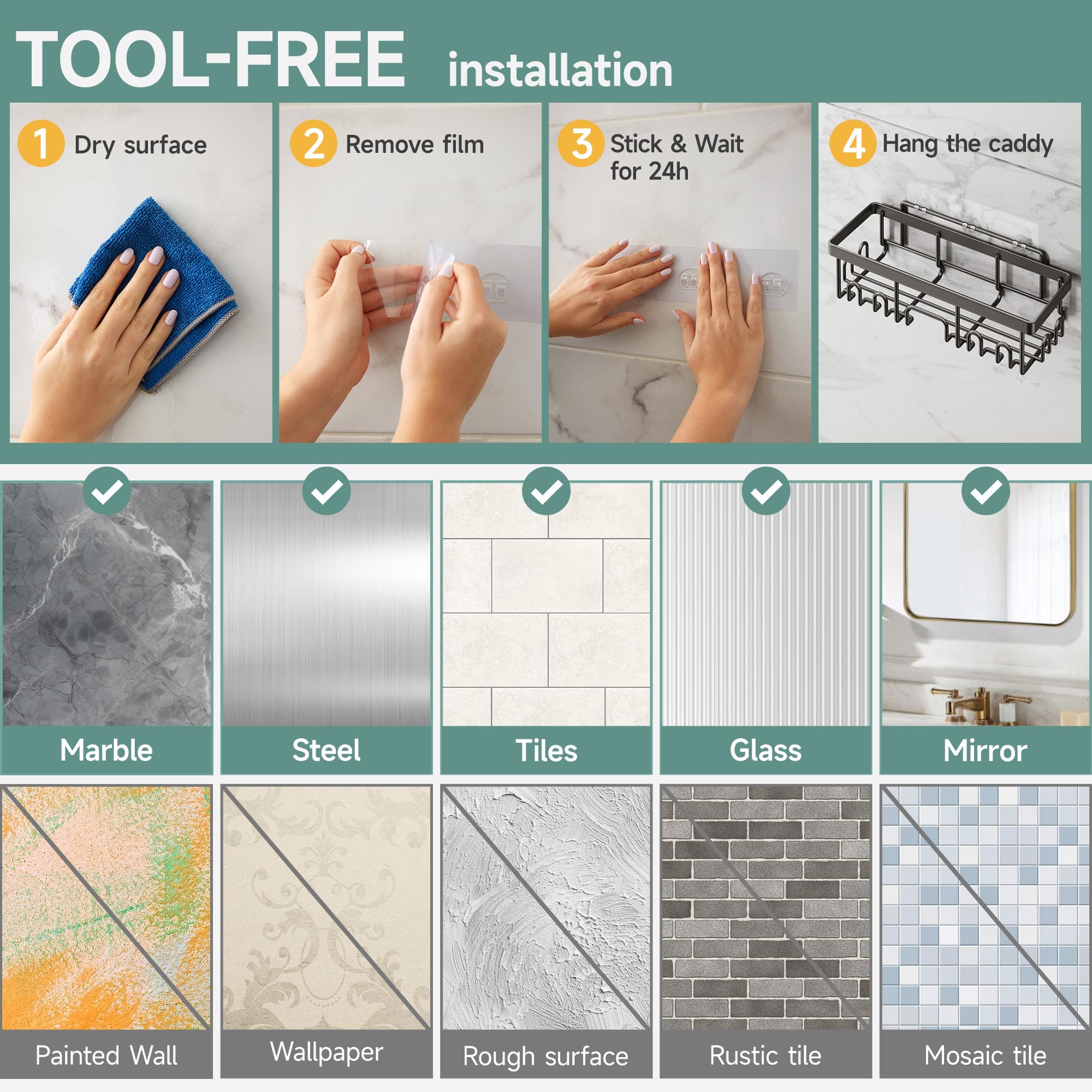 Adhesive Shower Caddy Organizer Set (6-Piece) – Stainless Steel Bathroom Storage with Soap Dish & Toothbrush Holder