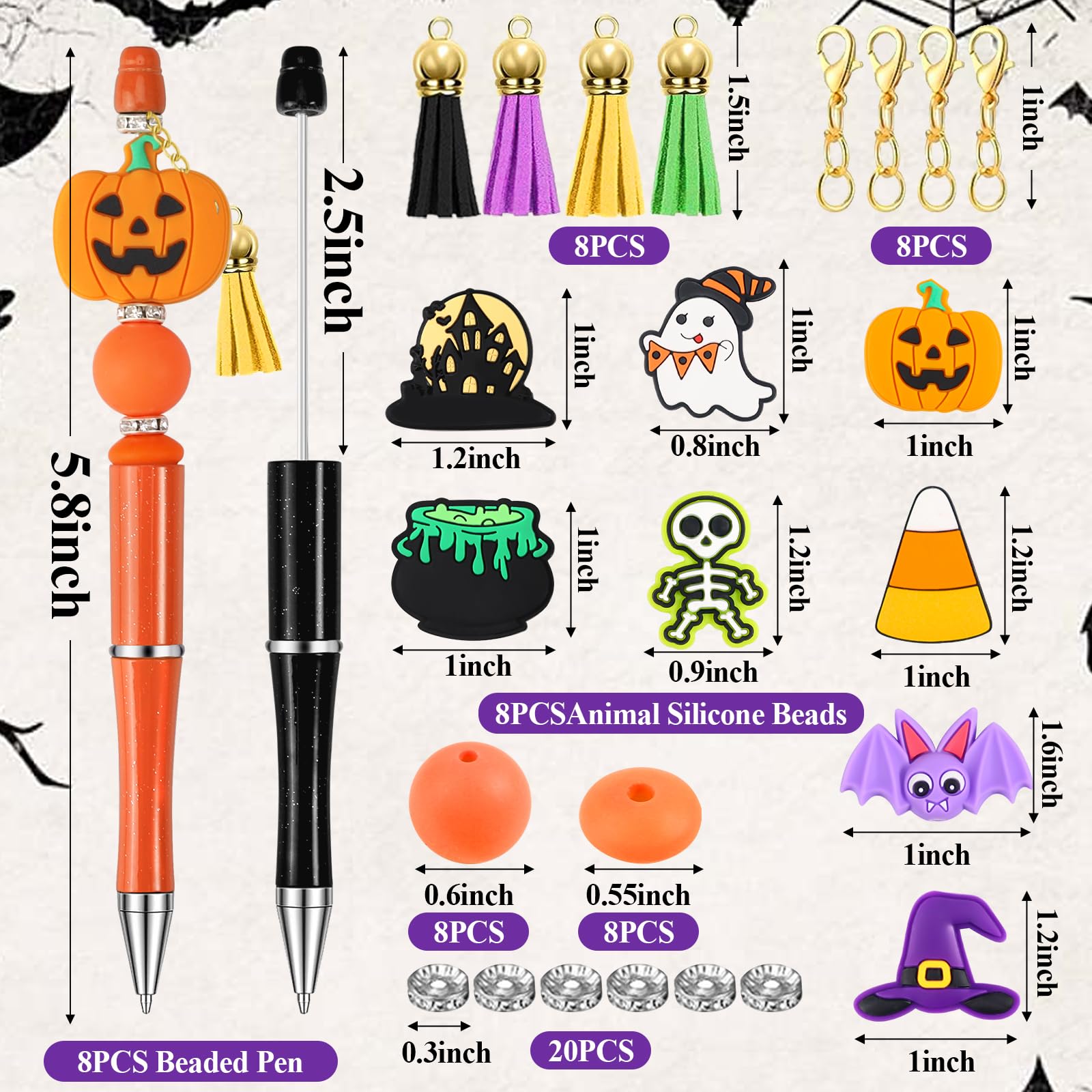 Halloween Beadable Pens Set 🎃 – 8 DIY Ballpoint Pens with Pumpkin, Ghost & Witch Beads (Green, Black, Purple, Orange)