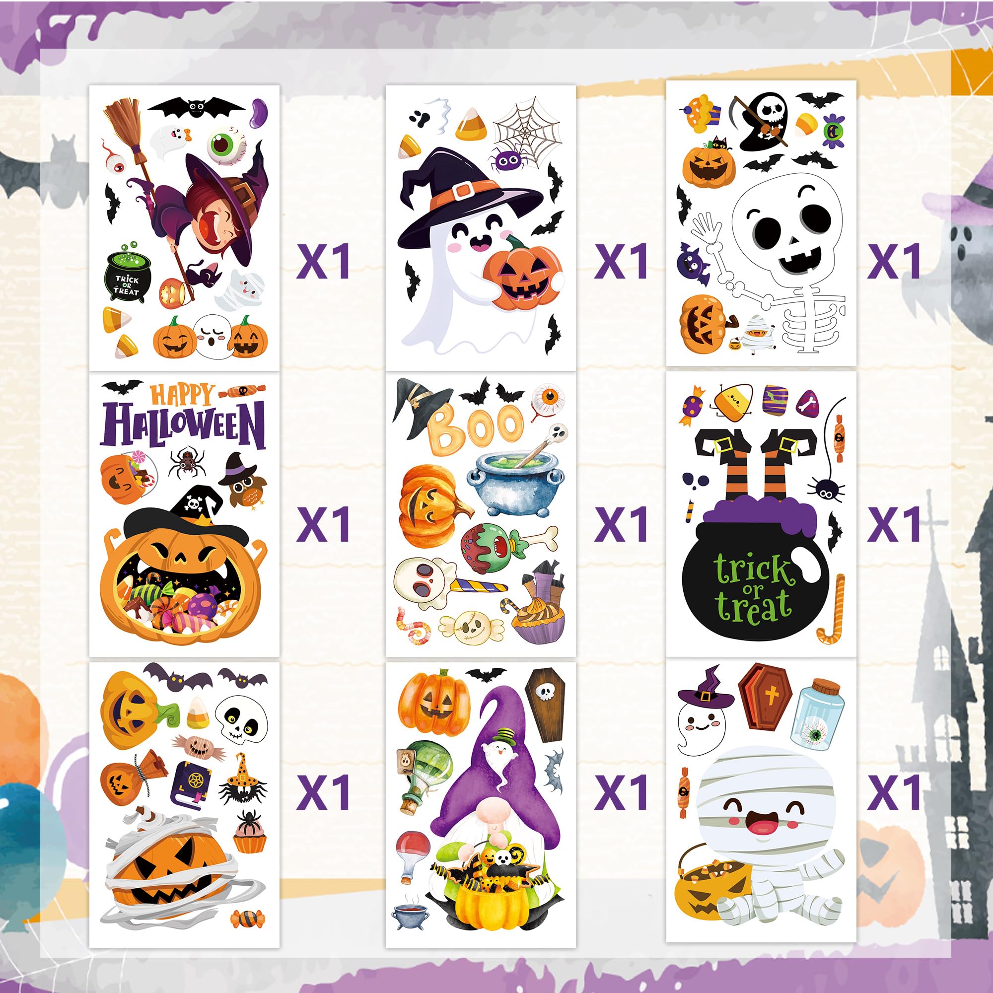 9 Sheets Halloween Window Clings Cute Window Stickers for Home Party Supplies Halloween Decoration with Pumpkin Bat Ghosts Witch for Home/Office/School Windows