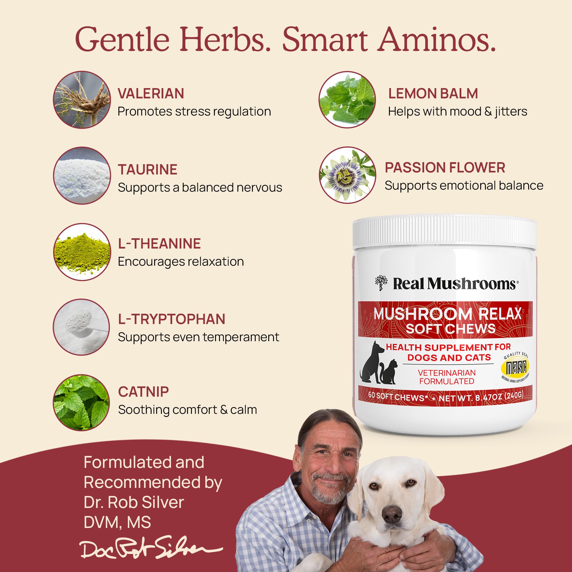 Natural Calming Chews for Dogs & Cats with Reishi & Lion’s Mane – Plant-Based Mood Support & Immune Health Supplement (Vegan Formula)