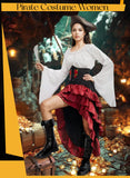 Women’s Renaissance Pirate Costume – White & Red 3-Piece Set with Off-Shoulder Blouse, High-Low Skirt & Corset Waist Belt