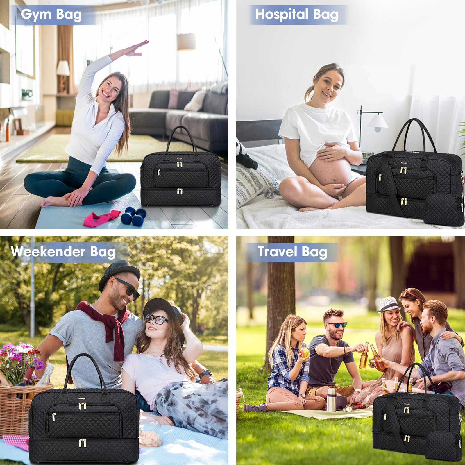 LUOCIP Large Women’s Travel Duffle Bag – Carry-On Weekender with Wet Pocket, Shoe Compartment & Toiletry Bag (Black)
