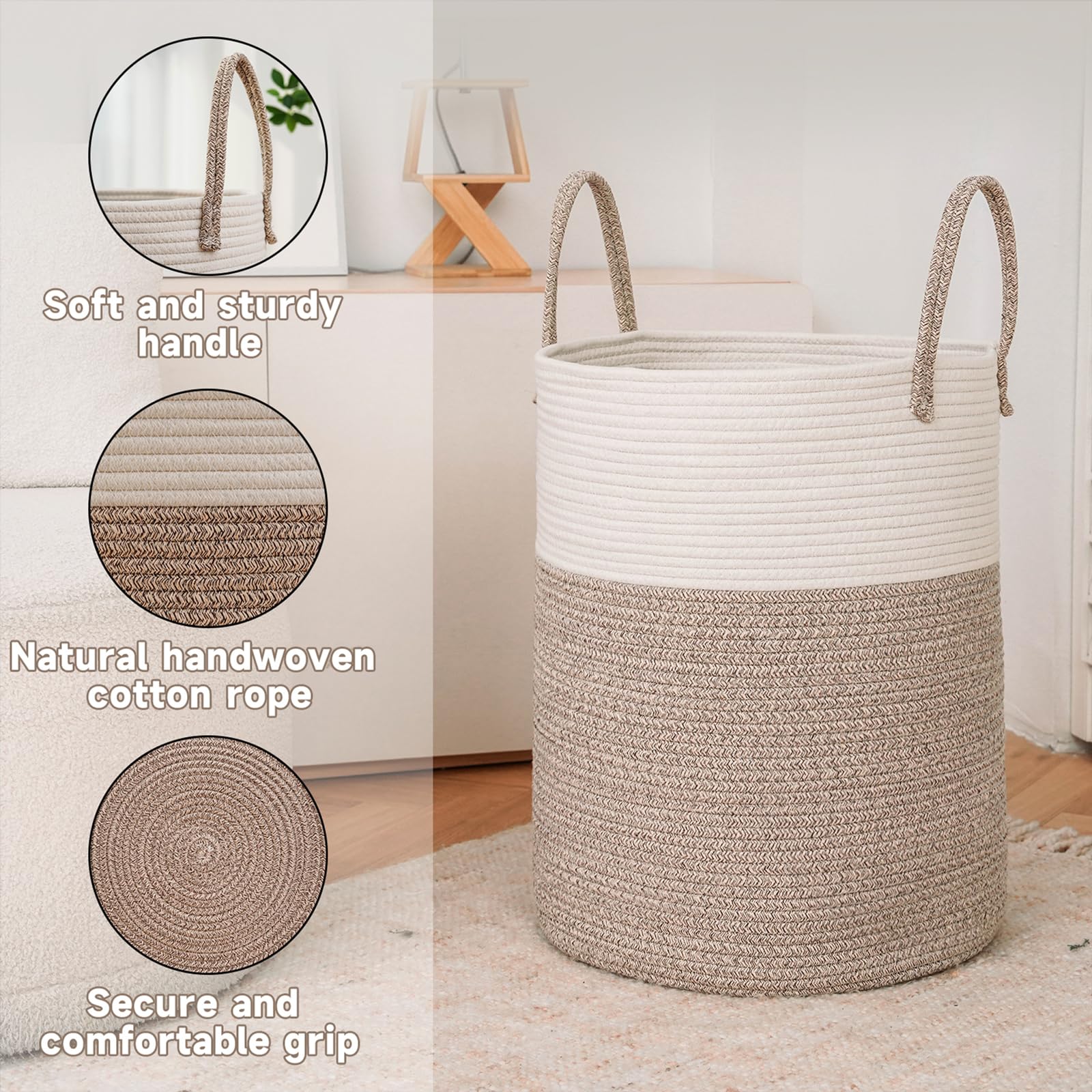 JMVICYROAM Large Woven Laundry Basket 60L – Handmade Cotton Rope Storage Hamper with Soft Handles (Brown)