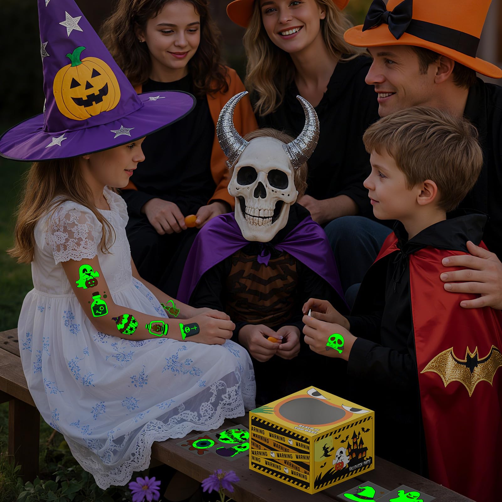 Halloween Glow Tattoos for Kids – 204 Count with Mystery Prize Box (Colorful Design)