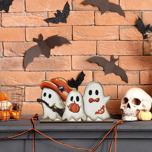 Wooden Ghost Halloween Table Decor Set – 3 Black Wooden Signs with Base for Farmhouse Holiday Display
