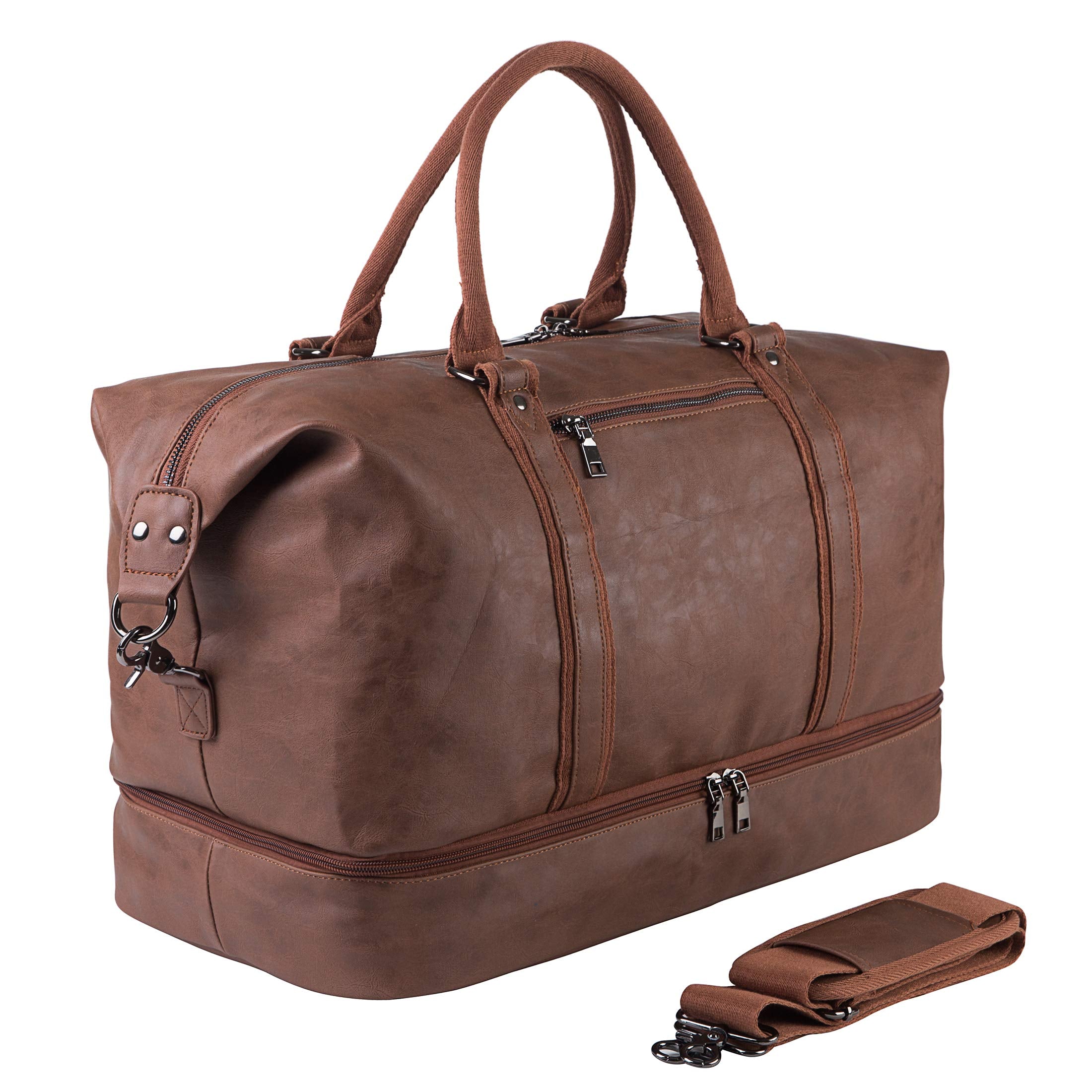 Leather Travel Duffel Bag with Shoe Compartment – Large Waterproof PU Weekender Carry-On Bag (Brown)