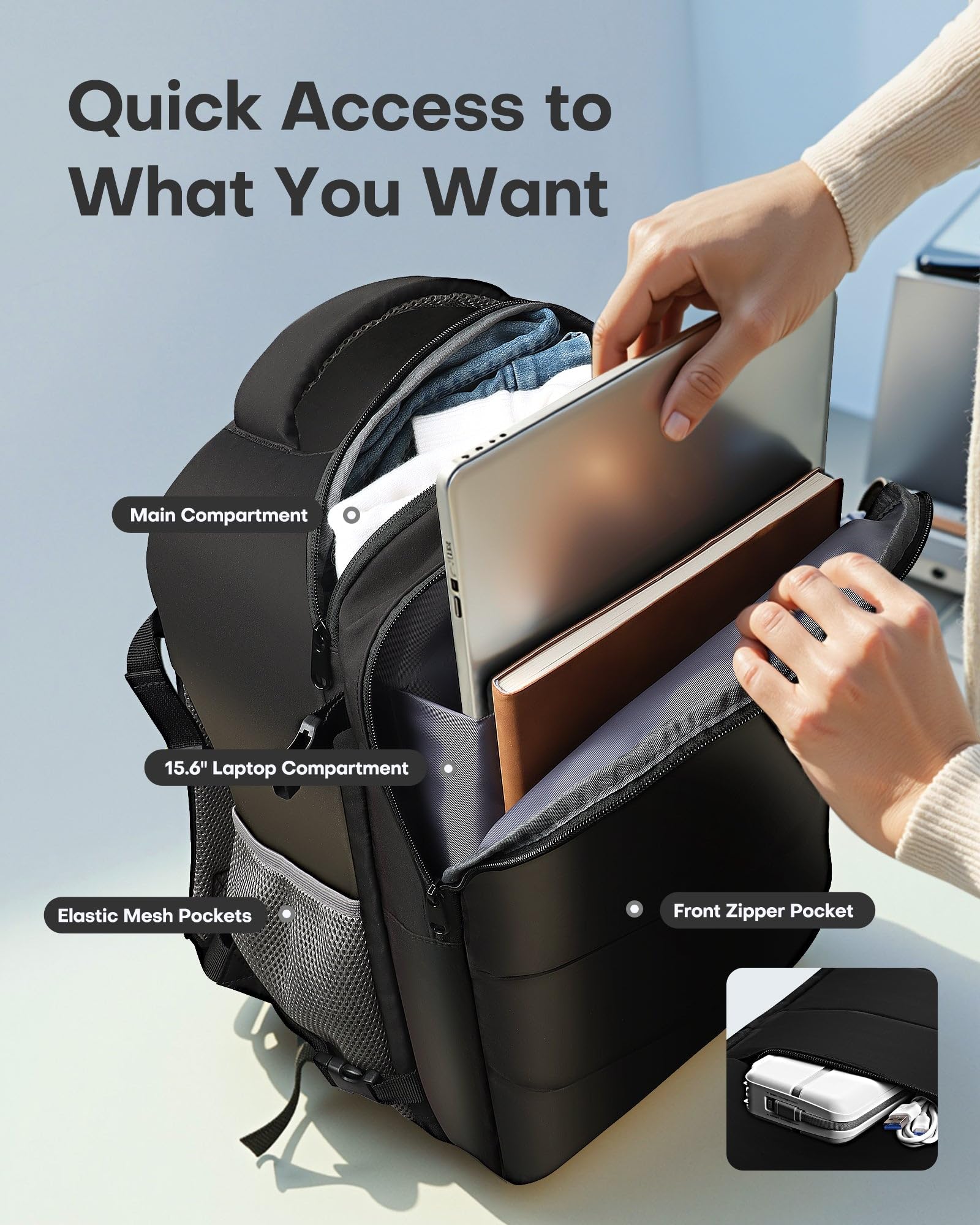 HOTOR Flight Approved Travel Backpack with Suitcase-Style Opening, 15.6” Laptop Compartment – Black