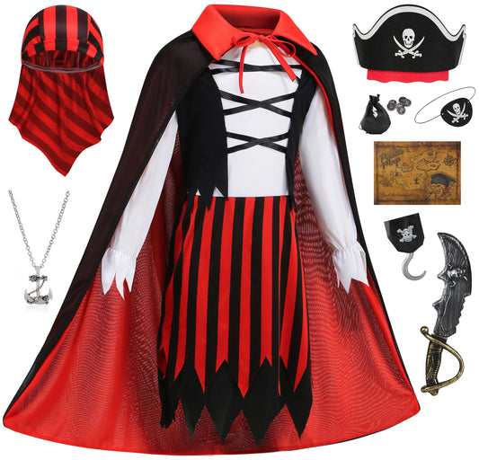 Kids Deluxe Pirate Costume Set – 10 Piece Black Outfit with Cloak, Hat, Sword, Map & Accessories for Halloween and Cosplay