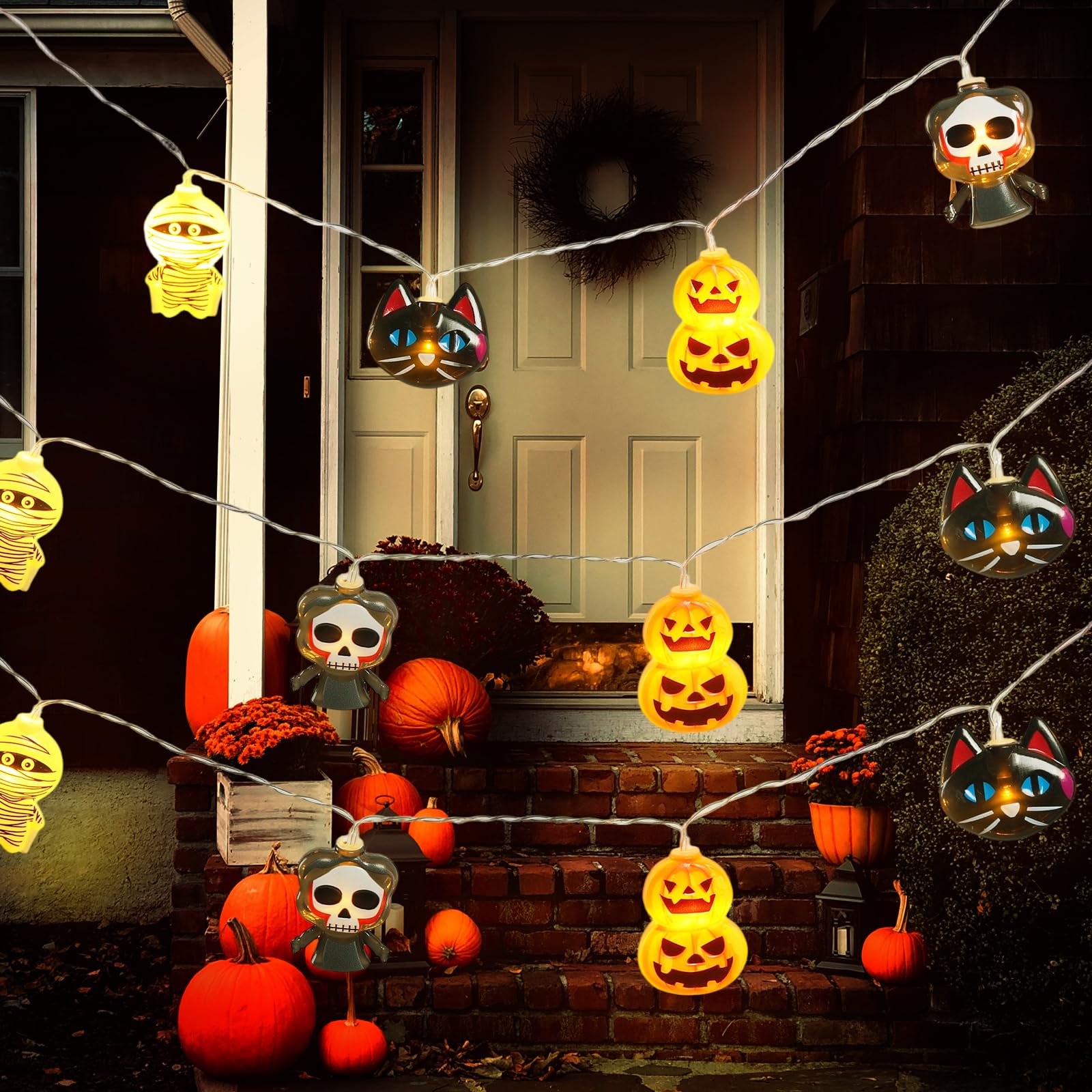 Orange Pumpkin Halloween String Lights – 20 LED Battery-Operated Waterproof Fairy Lights with Timer & 8 Modes
