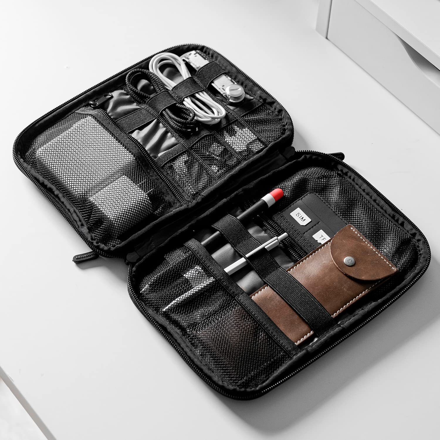 Travel Electronics Organizer Case – Portable Cable Organizer Bag with Dual Zippers, Mesh Pockets & Elastic Loops for Chargers, SD Cards, Power Banks and Accessories