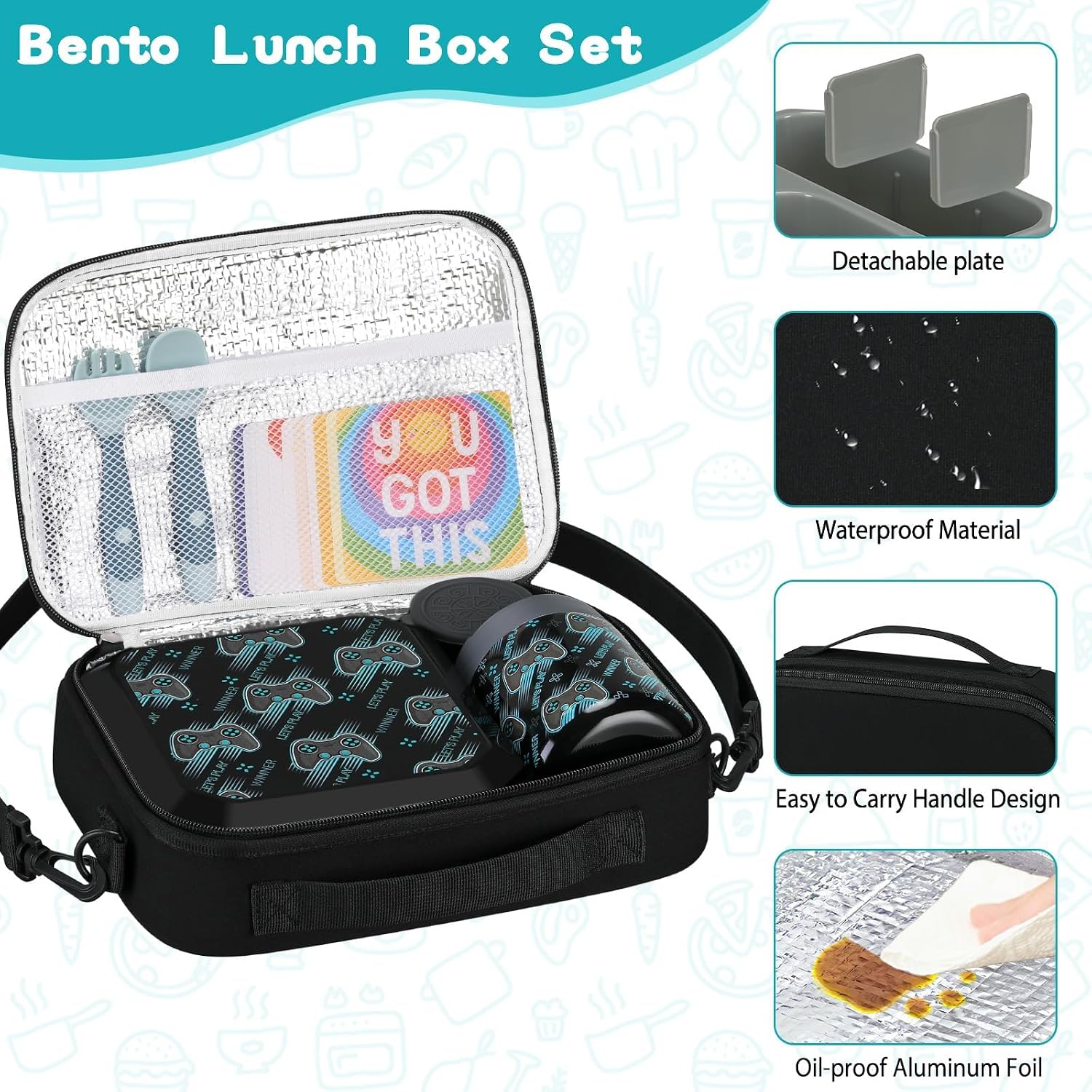 Black Gamepad Bento Lunch Set with 12 oz Food Jar