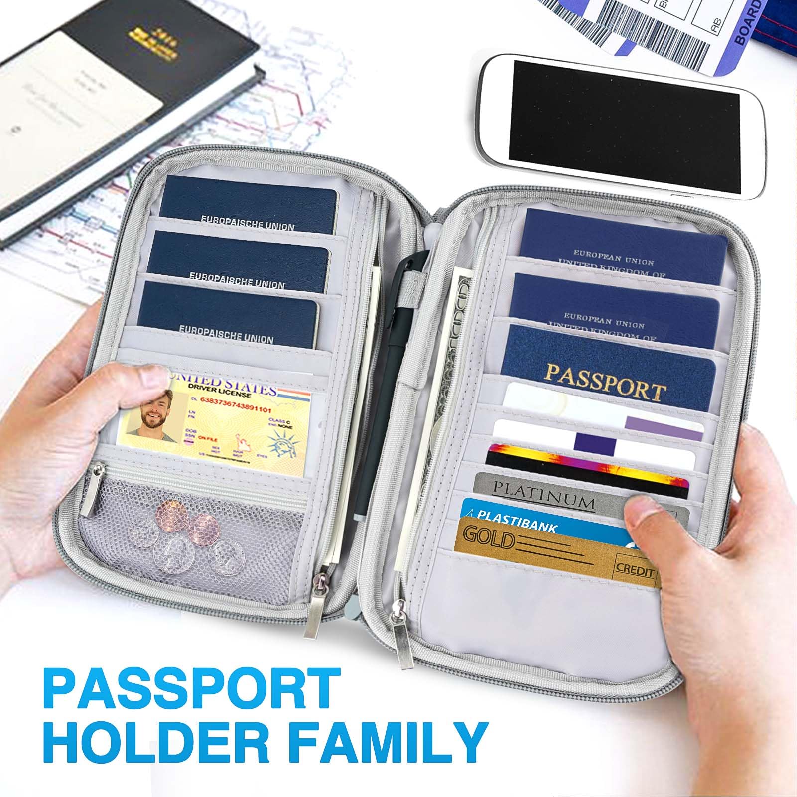 RFID Blocking Family Passport Holder & Travel Document Organizer – Waterproof Multi Passport Wallet (Quartz Gray)