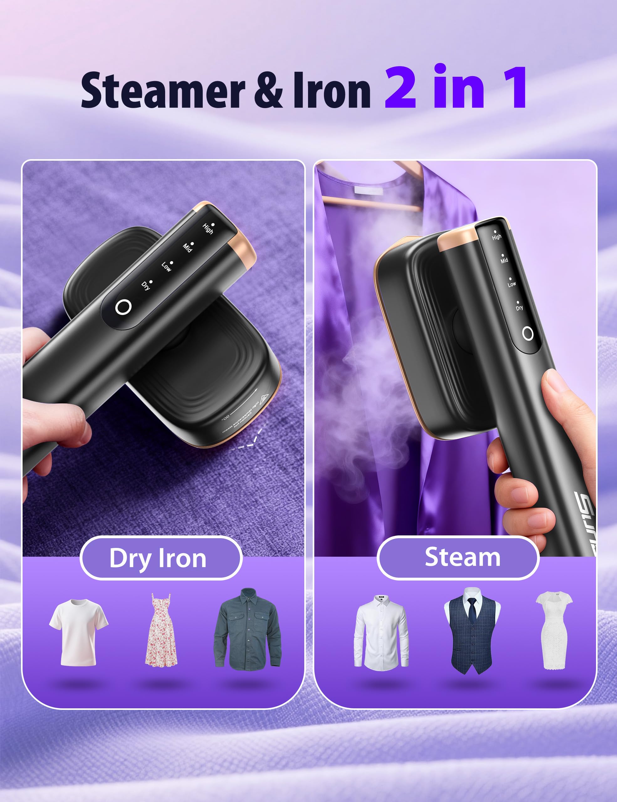 Sundu 2-in-1 Handheld Garment Steamer Iron 1200W with Touch Control and Rotating Steam Head Portable Design