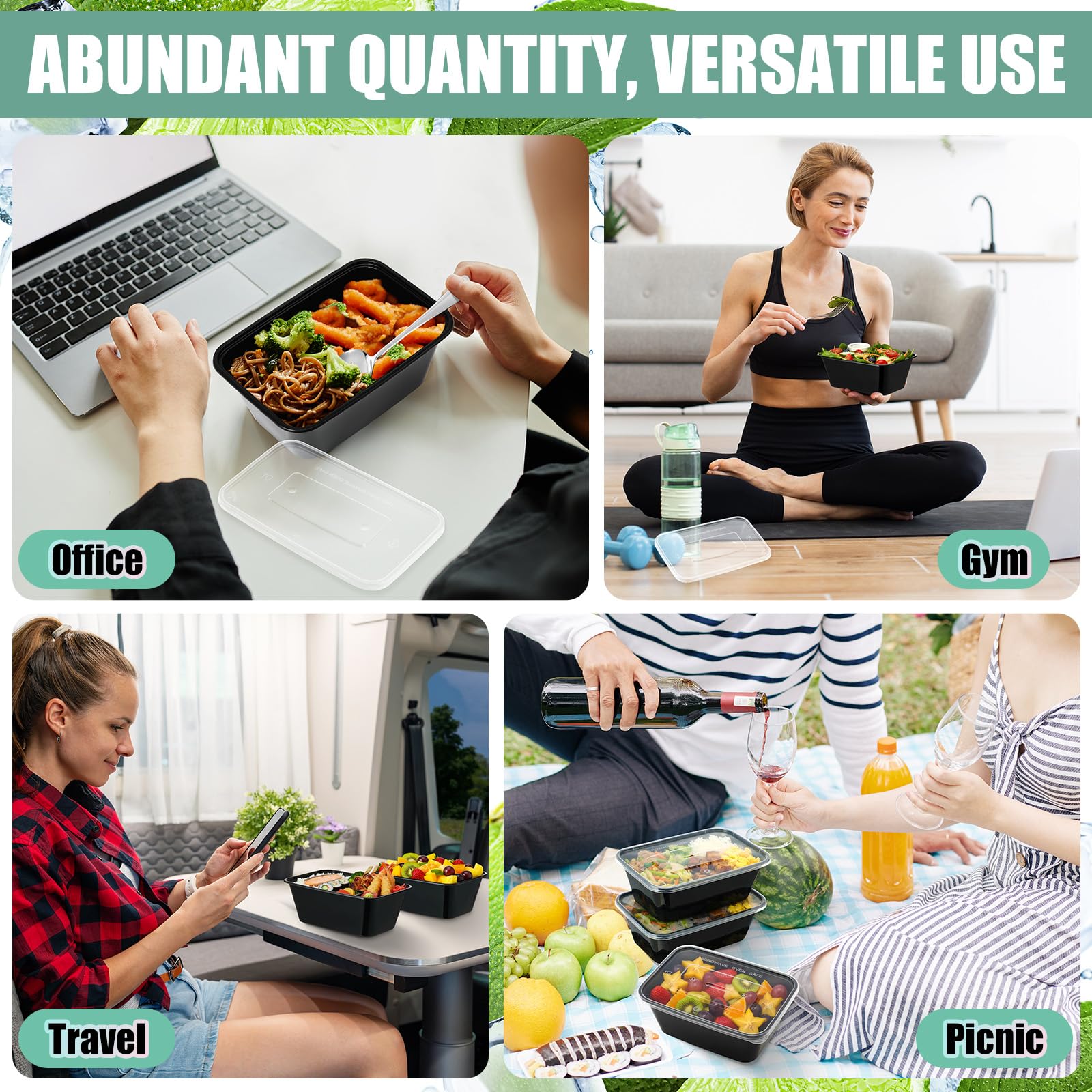 Disposable Lunch Boxes with Lids – 34oz Double Compartment Meal Prep Containers, 100 Pack (Black)
