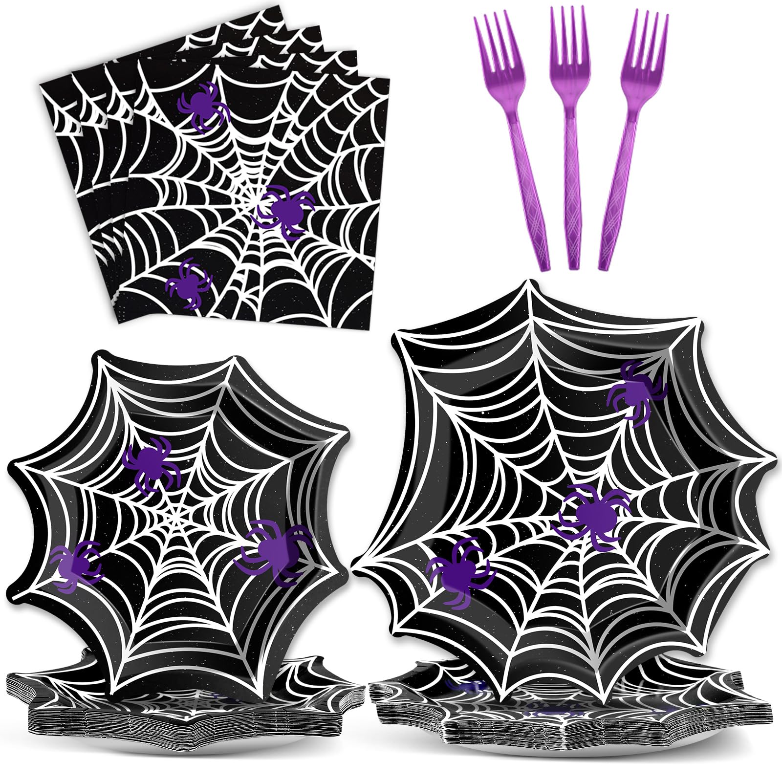 Halloween Spider Web Party Tableware Set – 96 Pcs Disposable Plates, Napkins & Forks for 24 Guests