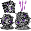 Halloween Spider Web Party Tableware Set – 96 Pcs Disposable Plates, Napkins & Forks for 24 Guests