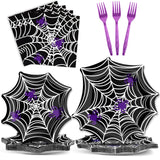 Halloween Spider Web Party Tableware Set – 96 Pcs Disposable Plates, Napkins & Forks for 24 Guests