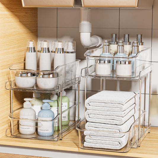 Delamu 2-Tier Clear Under Sink Organizer – Stackable Pull-Out Cabinet Storage with Dividers (2-Pack)