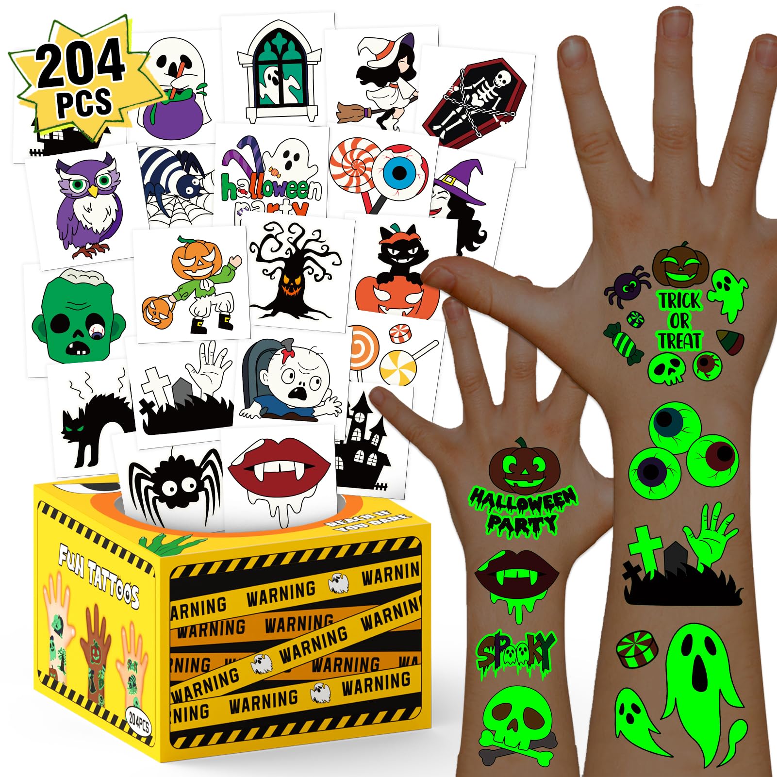 Halloween Glow Tattoos for Kids – 204 Count with Mystery Prize Box (Colorful Design)