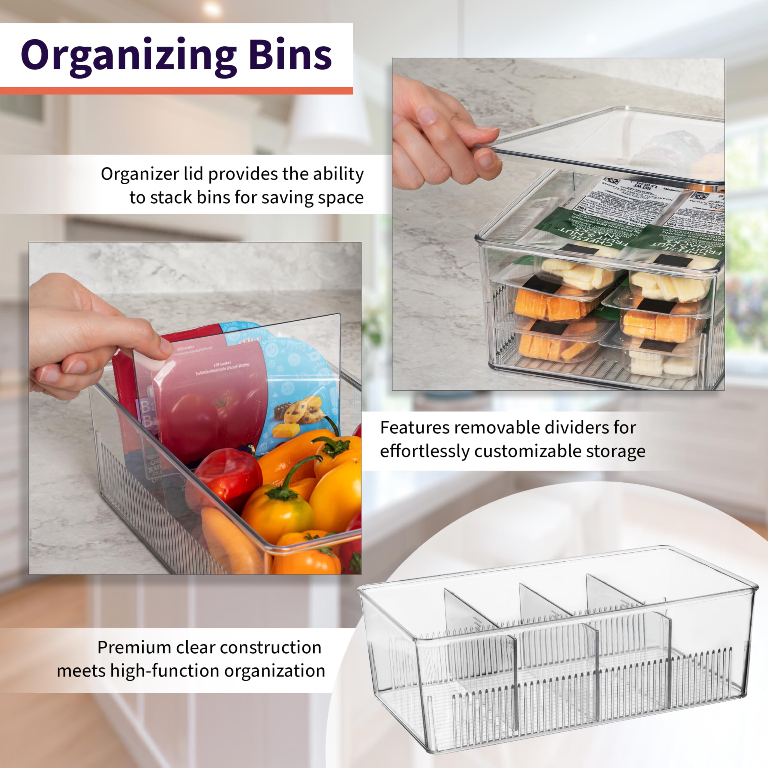 Clear Divided Storage Bins with Lids – 4-Section Stackable Pantry & Fridge Organizer (2-Pack)