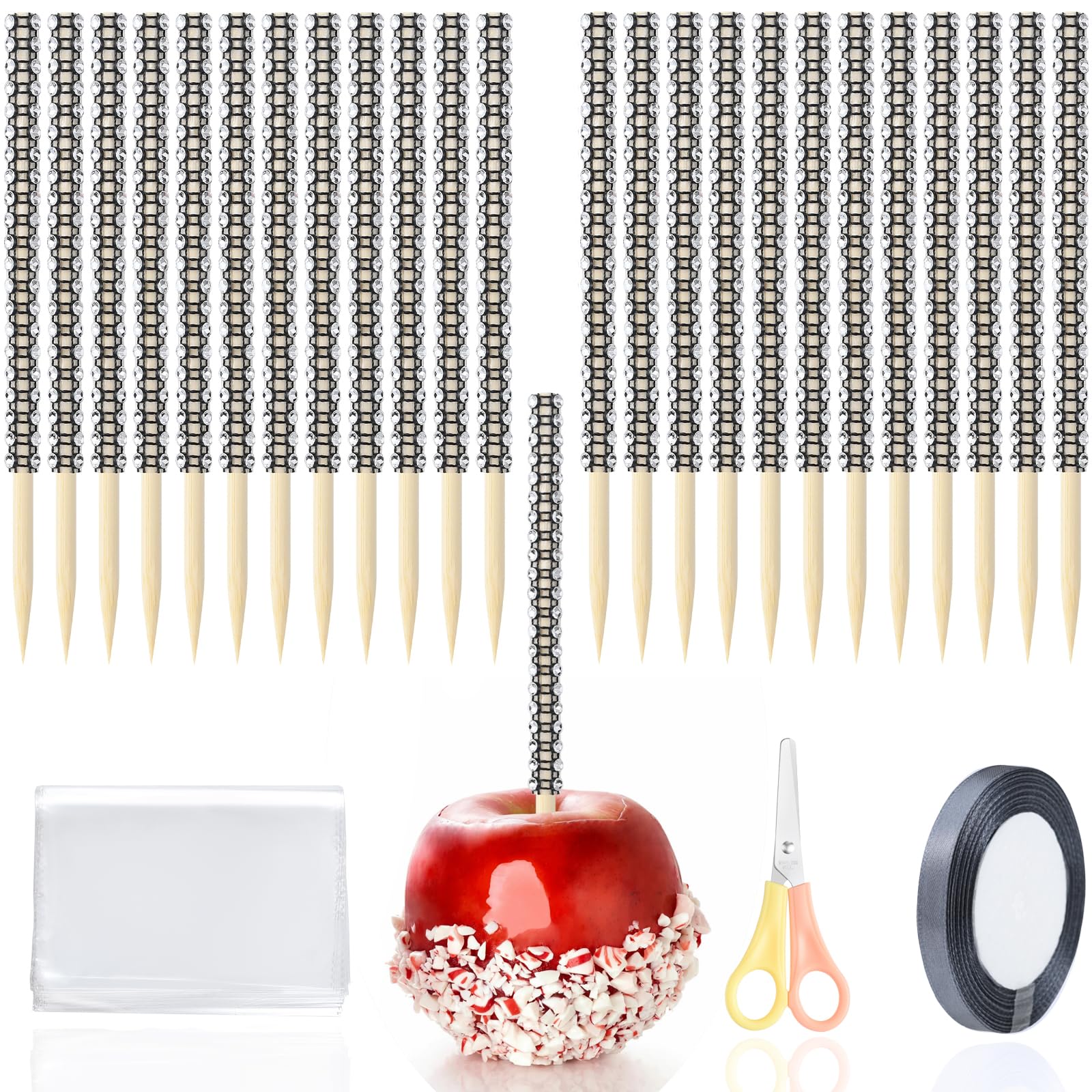 Luxury Candy Apple Stick Kit – 24 Rhinestone Sticks, 24 Bags, Silver Ribbon & Scissors – Black + Silver Caramel Apple Decorating Set