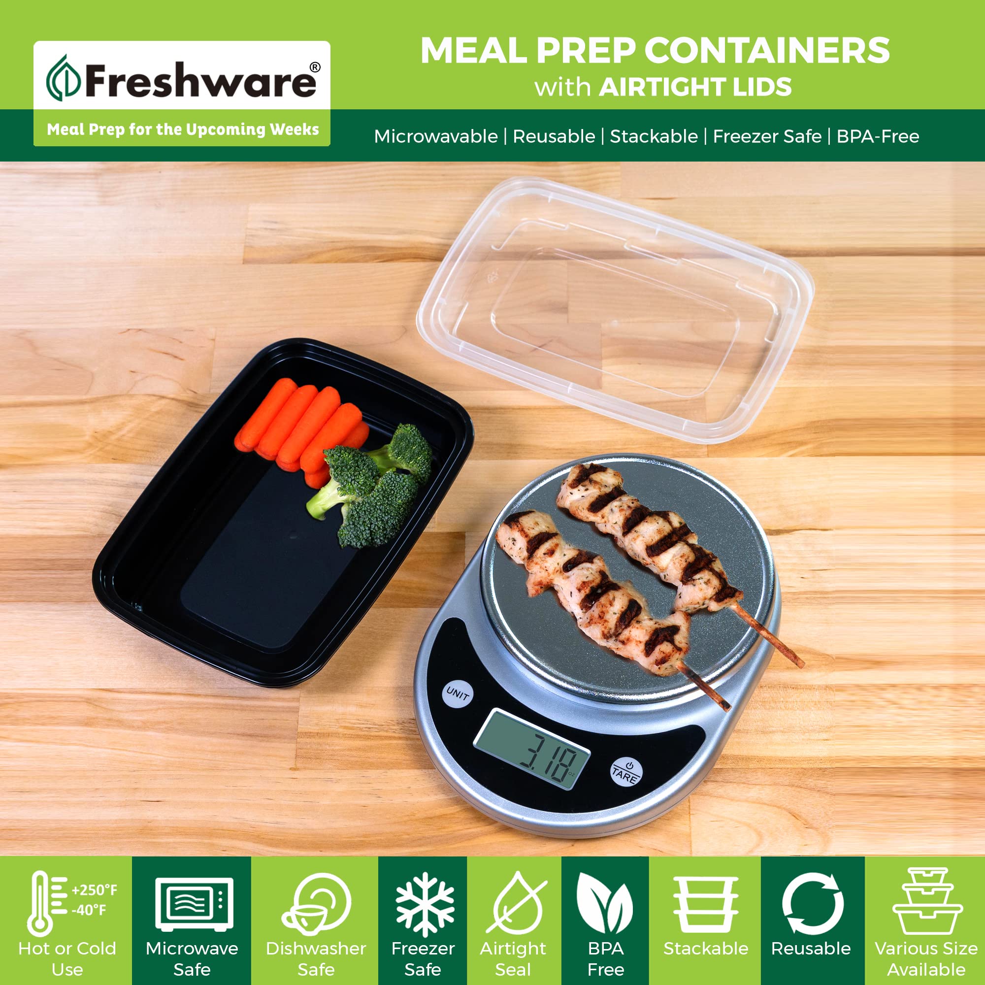 Freshware 28oz Meal Prep Containers – 50 Pack, BPA-Free Bento Lunch Boxes