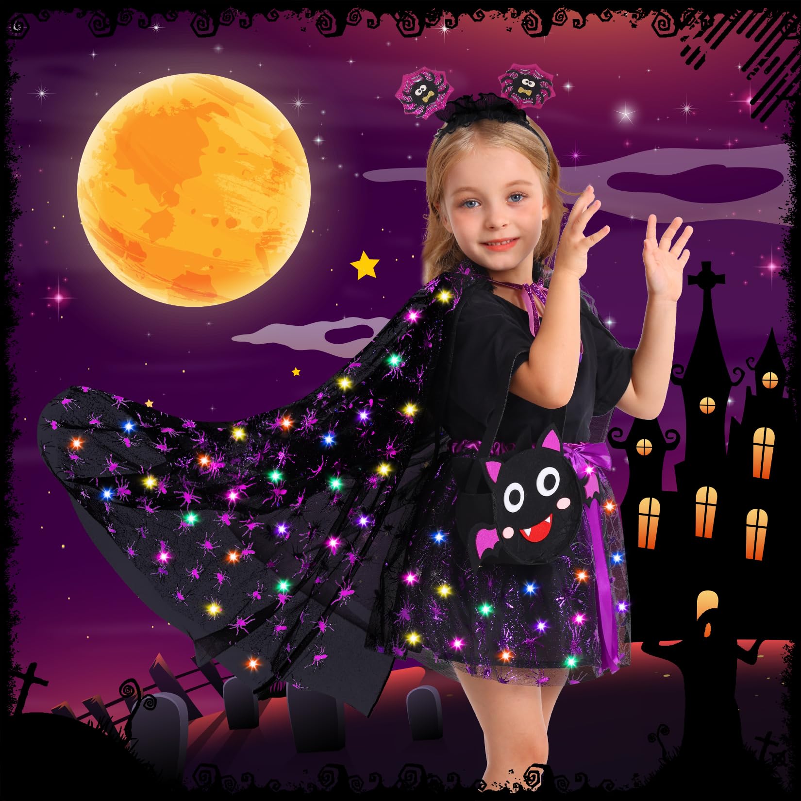 Girls Glow-in-the-Dark LED Witch Costume Set – Light-Up Cape, Tutu Skirt, Headband & Trick-or-Treat Bag (Ages 3–8)
