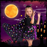 Girls Glow-in-the-Dark LED Witch Costume Set – Light-Up Cape, Tutu Skirt, Headband & Trick-or-Treat Bag (Ages 3–8)