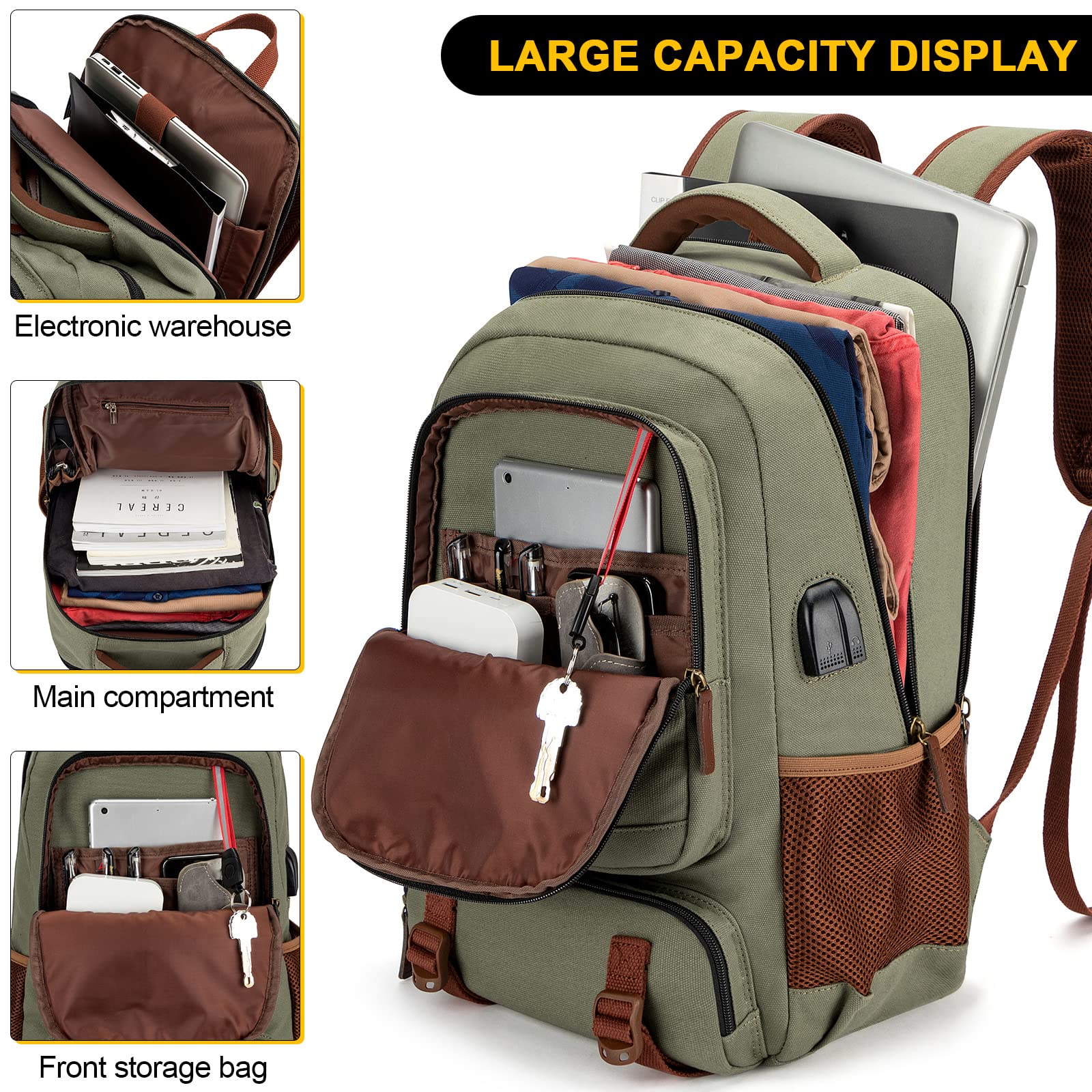 Tzowla Green Canvas Laptop Backpack with USB & Headphone Port – 15.6″ Large Capacity Travel Rucksack