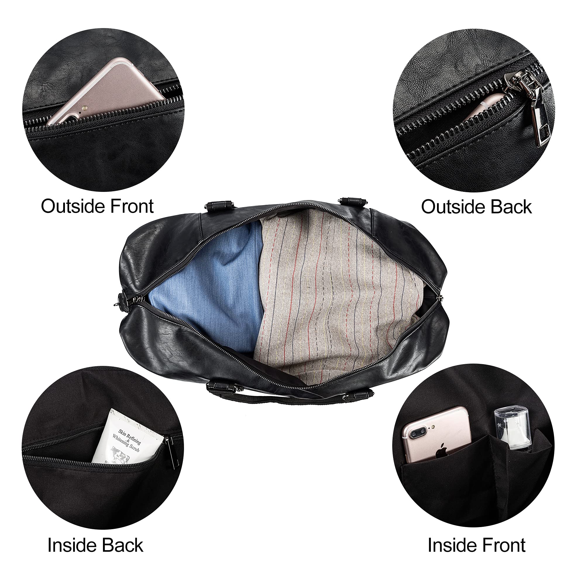 Leather Travel Duffel Bag with Shoe Compartment – Large Waterproof PU Weekender Carry-On Bag (Black)