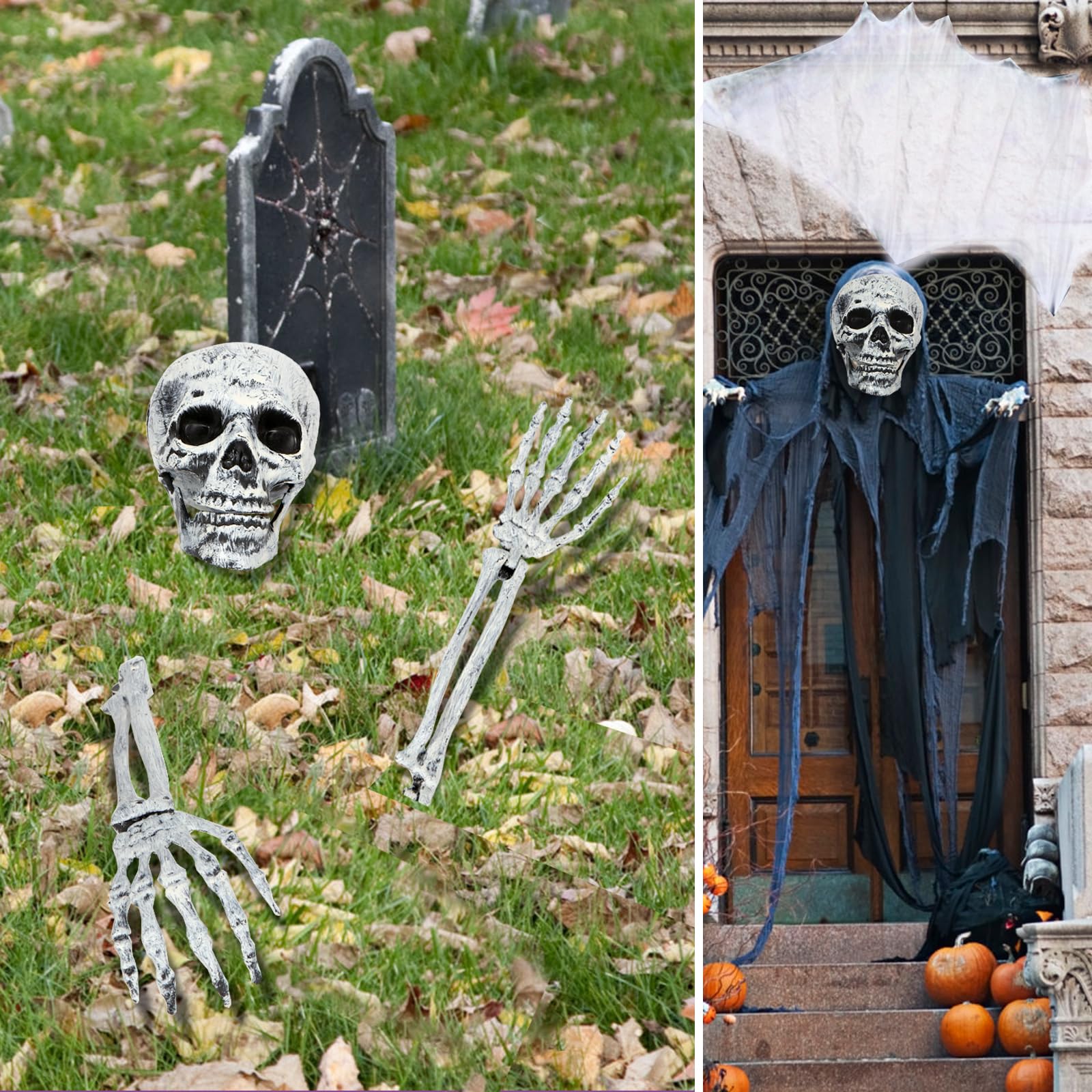Realistic Skeleton Graveyard Set – Skull, Arms, Spider Web & Stakes for Outdoor Halloween Yard Decor
