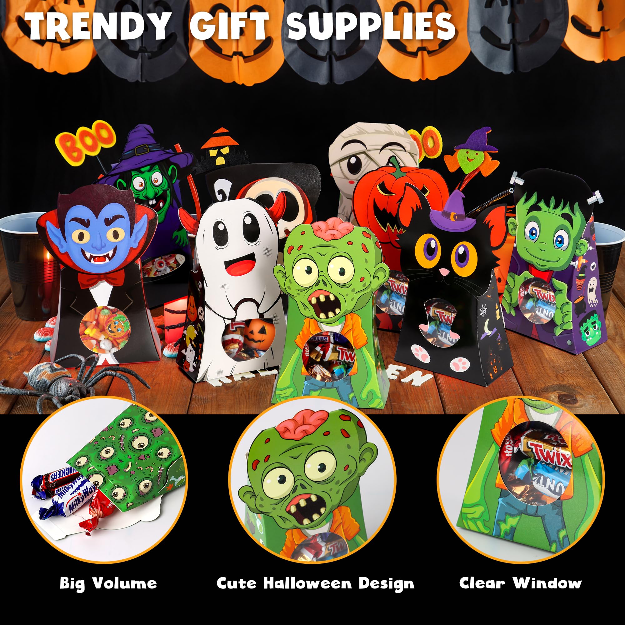 Giiffu 54-Pack Halloween Treat Boxes with Clear Window - 9 Designs Trick or Treat Candy Bags for Kids Party Favors Supplies, Classroom Exchange (6 x 4 x 2 Inches)