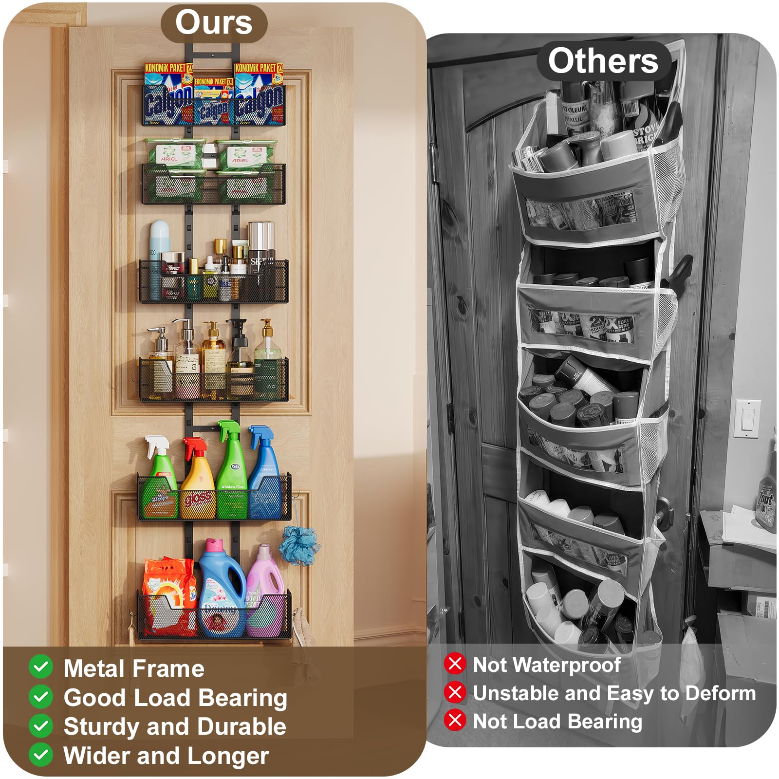 Hongtamoya Over-the-Door Metal Storage Organizer – 6 Adjustable Mesh Baskets & Hooks for Closet, Pantry & Bathroom (Black)