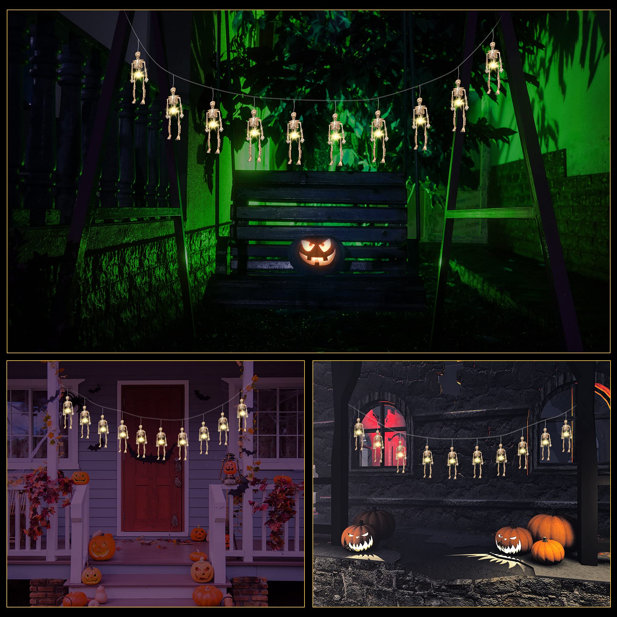 Halloween Skull String Lights – 2M Warm White LED, 20 Lights with 10 Skeletons, 8 Modes, Battery Powered Indoor/Outdoor Décor