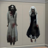 Haunting Ghost Girls Scene Setters – 2 Life-Size Plastic Wall Decorations for Spooky Halloween Parties (65"x33.5", 50 Pcs, Satin Greige)