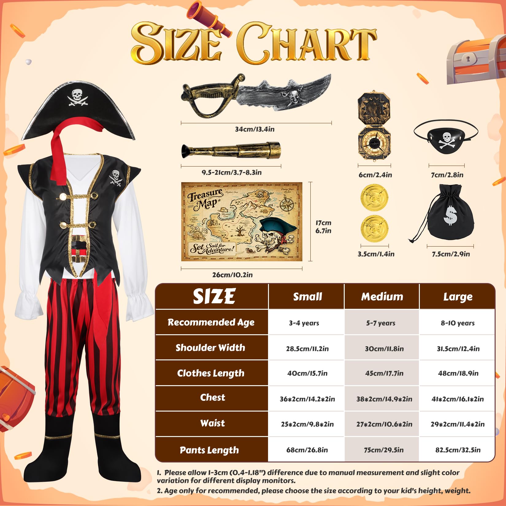 Kids All-in-One Pirate Costume Adventure Set – Red Outfit with Sword, Hat, Treasure Map, Spyglass & Gold Coins (Gift Box Ready)