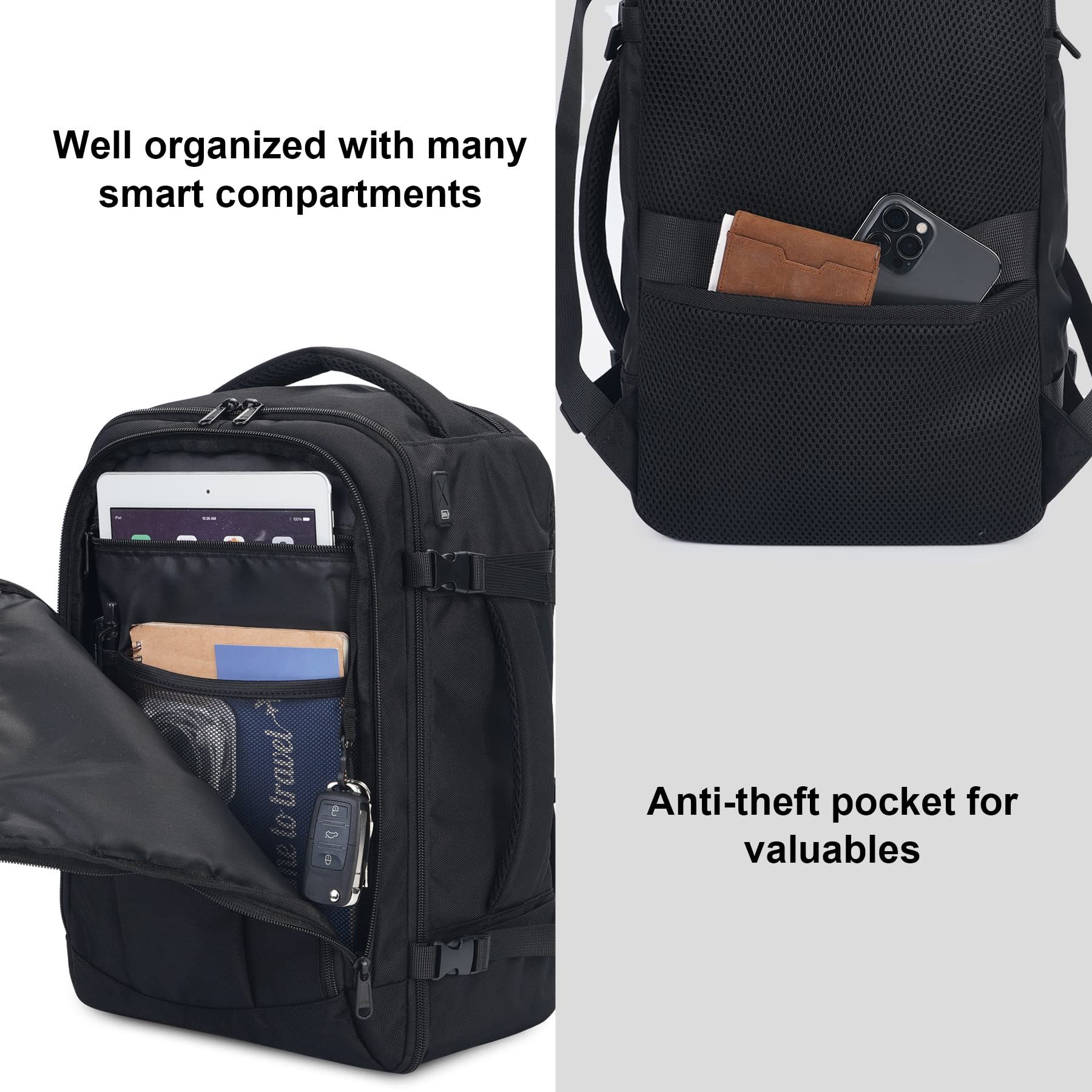 ECOHUB 30L Carry-On Travel Backpack – 18×14×8 Personal Item with USB Port for Flights